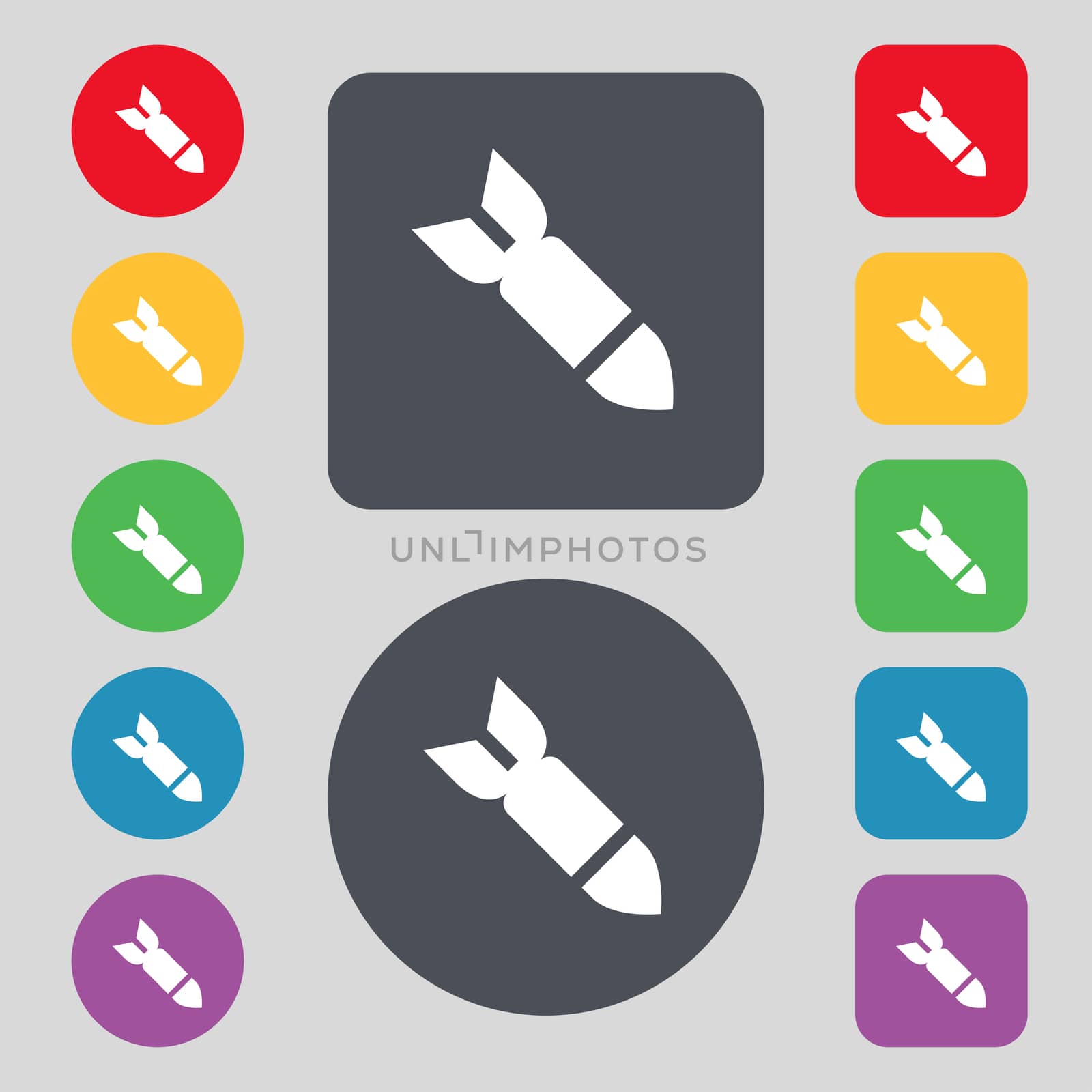 Missile,Rocket weapon icon sign. A set of 12 colored buttons. Flat design.  by serhii_lohvyniuk