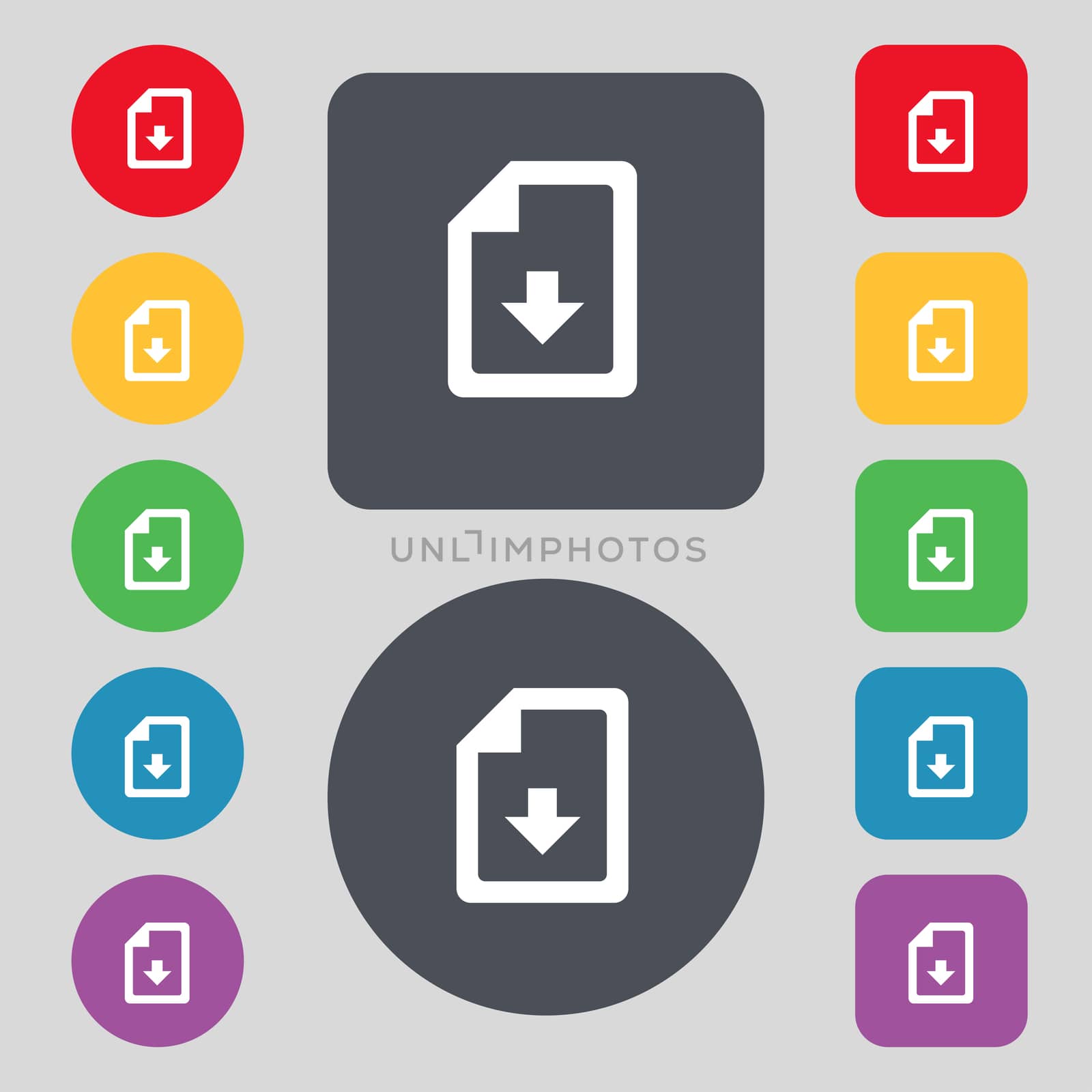 import, download file icon sign. A set of 12 colored buttons. Flat design.  by serhii_lohvyniuk