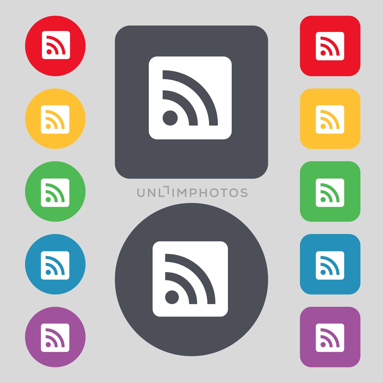 RSS feed icon sign. A set of 12 colored buttons. Flat design. illustration