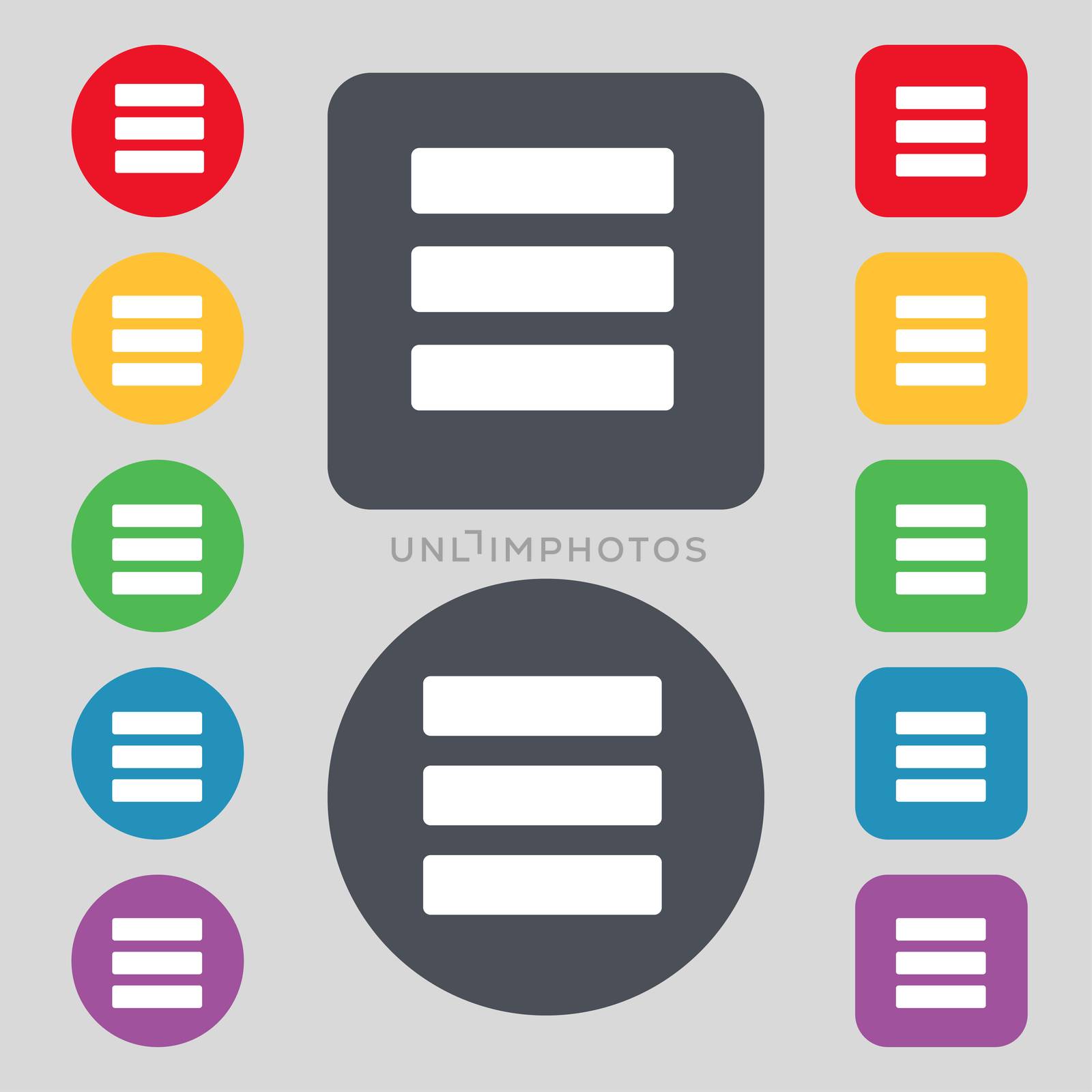 List menu, Content view options icon sign. A set of 12 colored buttons. Flat design.  by serhii_lohvyniuk