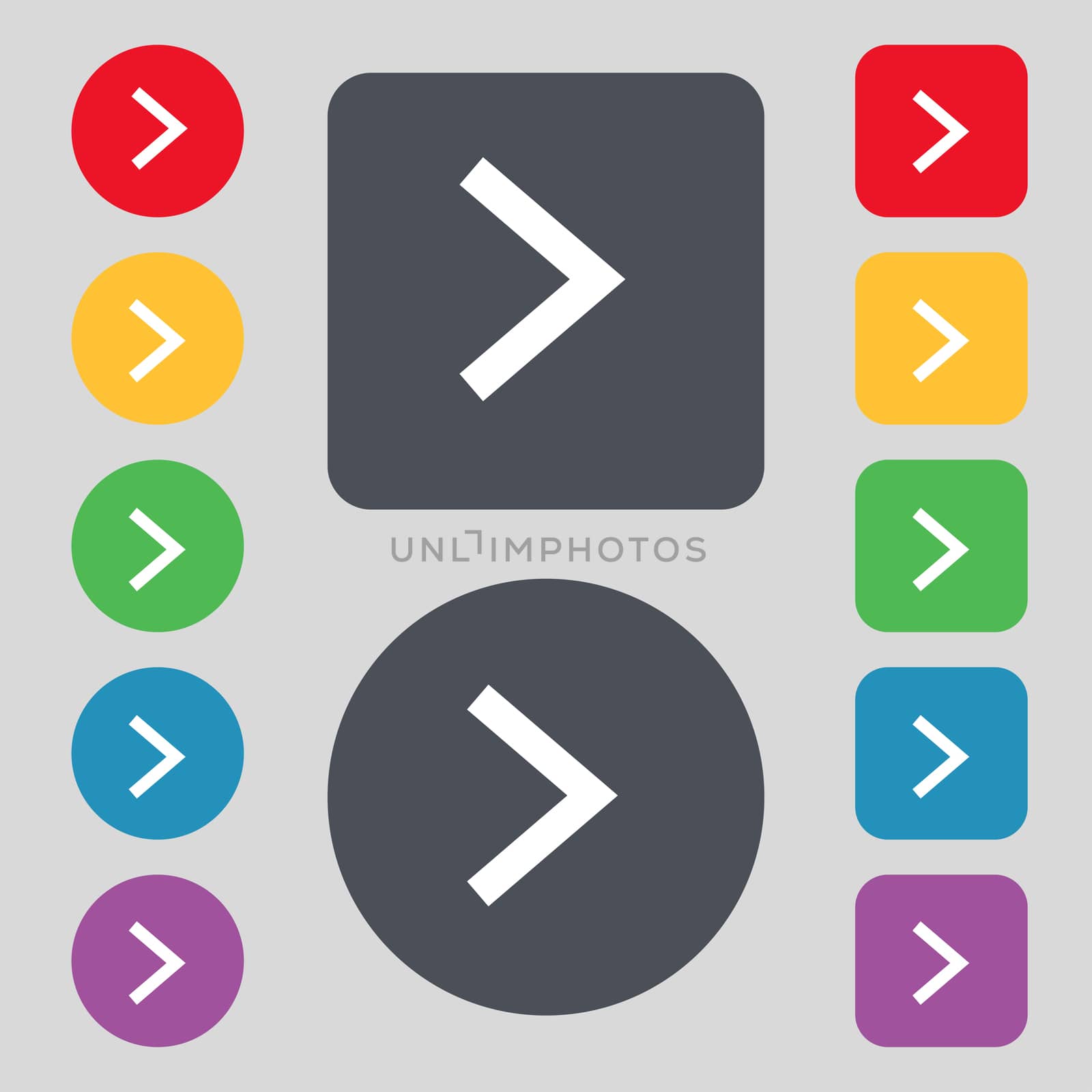 Arrow right, Next icon sign. A set of 12 colored buttons. Flat design.  by serhii_lohvyniuk