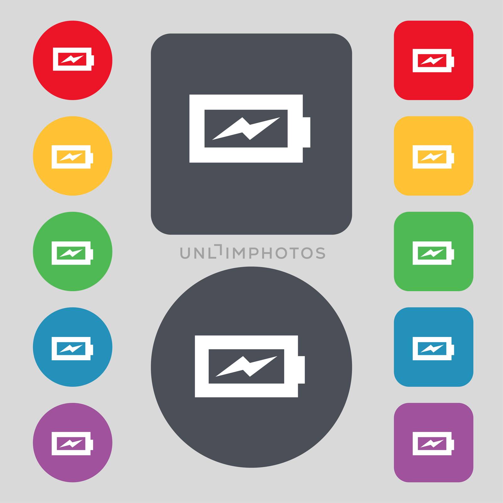 Battery charging icon sign. A set of 12 colored buttons. Flat design.  by serhii_lohvyniuk