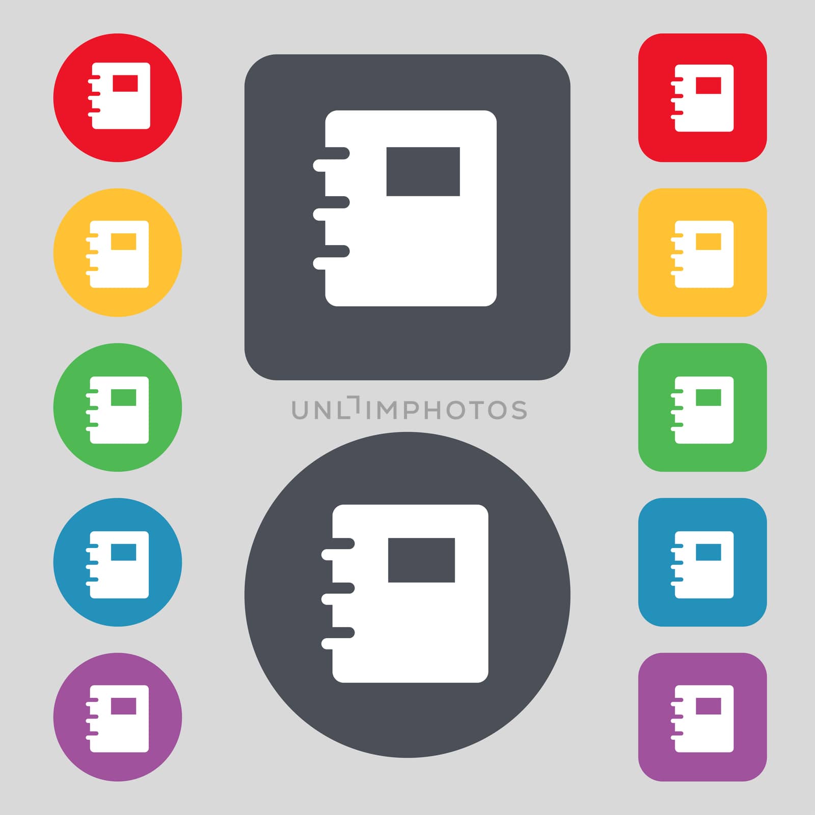 Book icon sign. A set of 12 colored buttons. Flat design. illustration