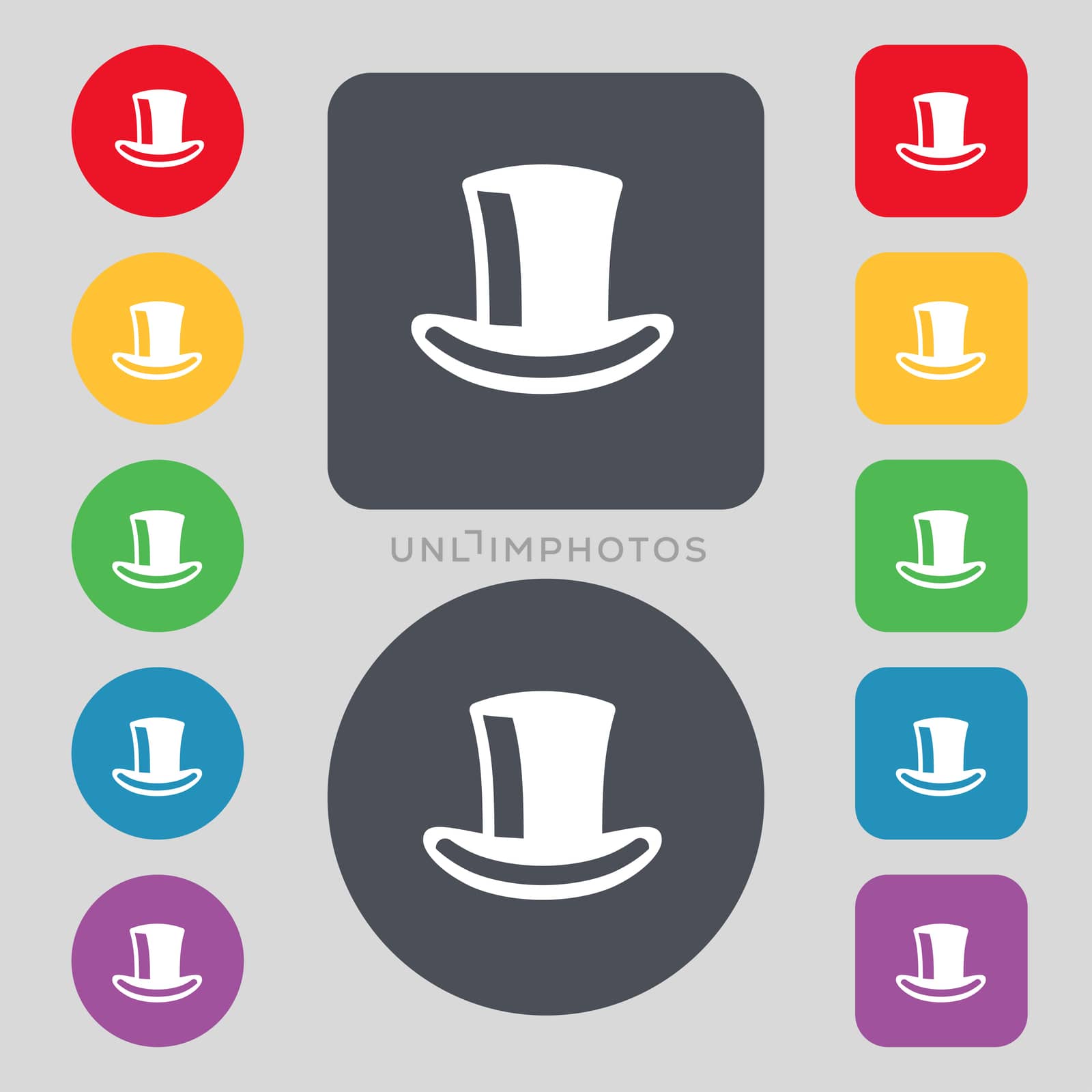cylinder hat icon sign. A set of 12 colored buttons. Flat design. illustration