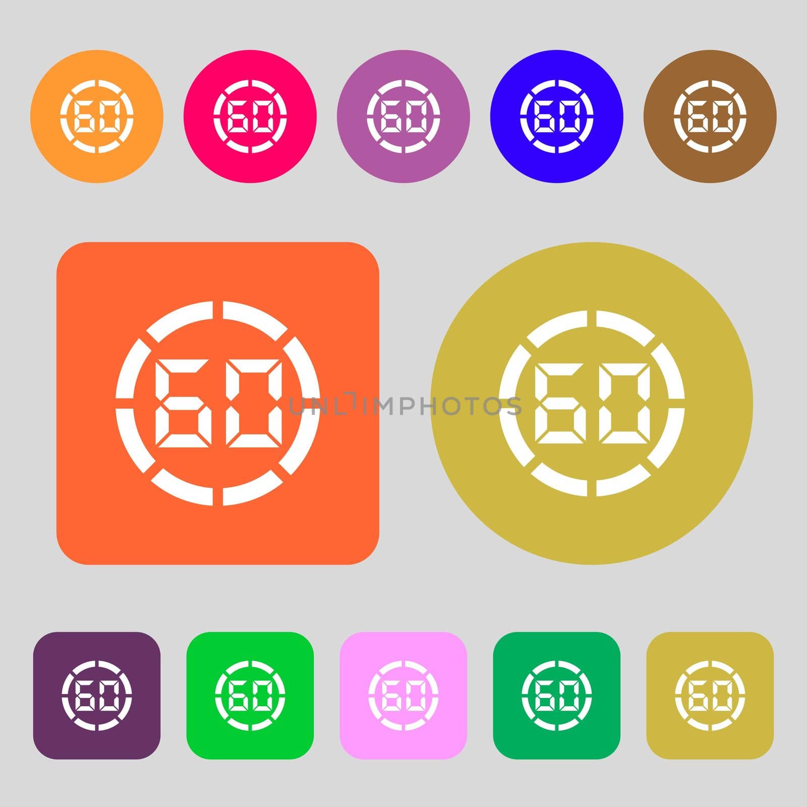 60 second stopwatch icon sign.12 colored buttons. Flat design. illustration