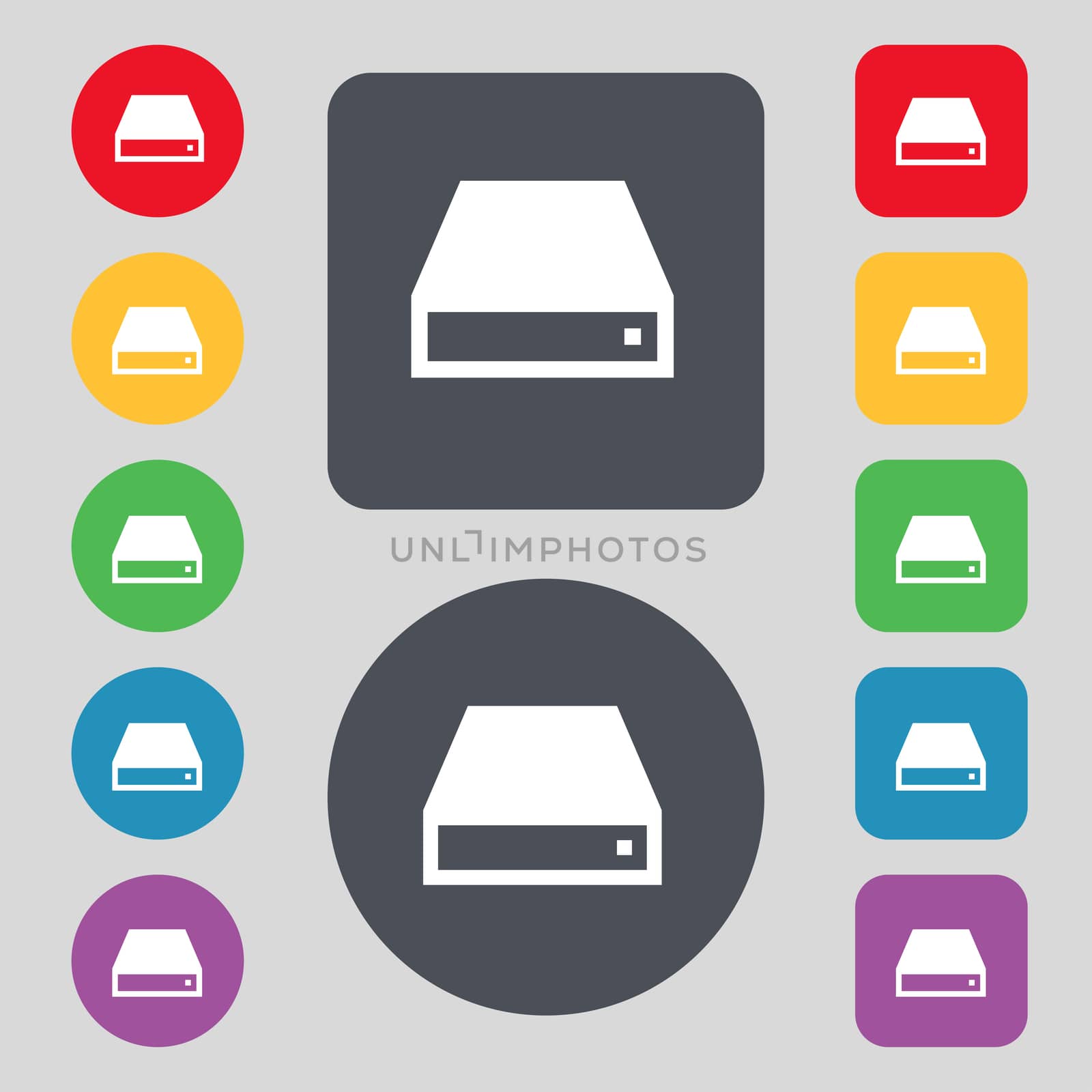 CD-ROM icon sign. A set of 12 colored buttons. Flat design.  by serhii_lohvyniuk