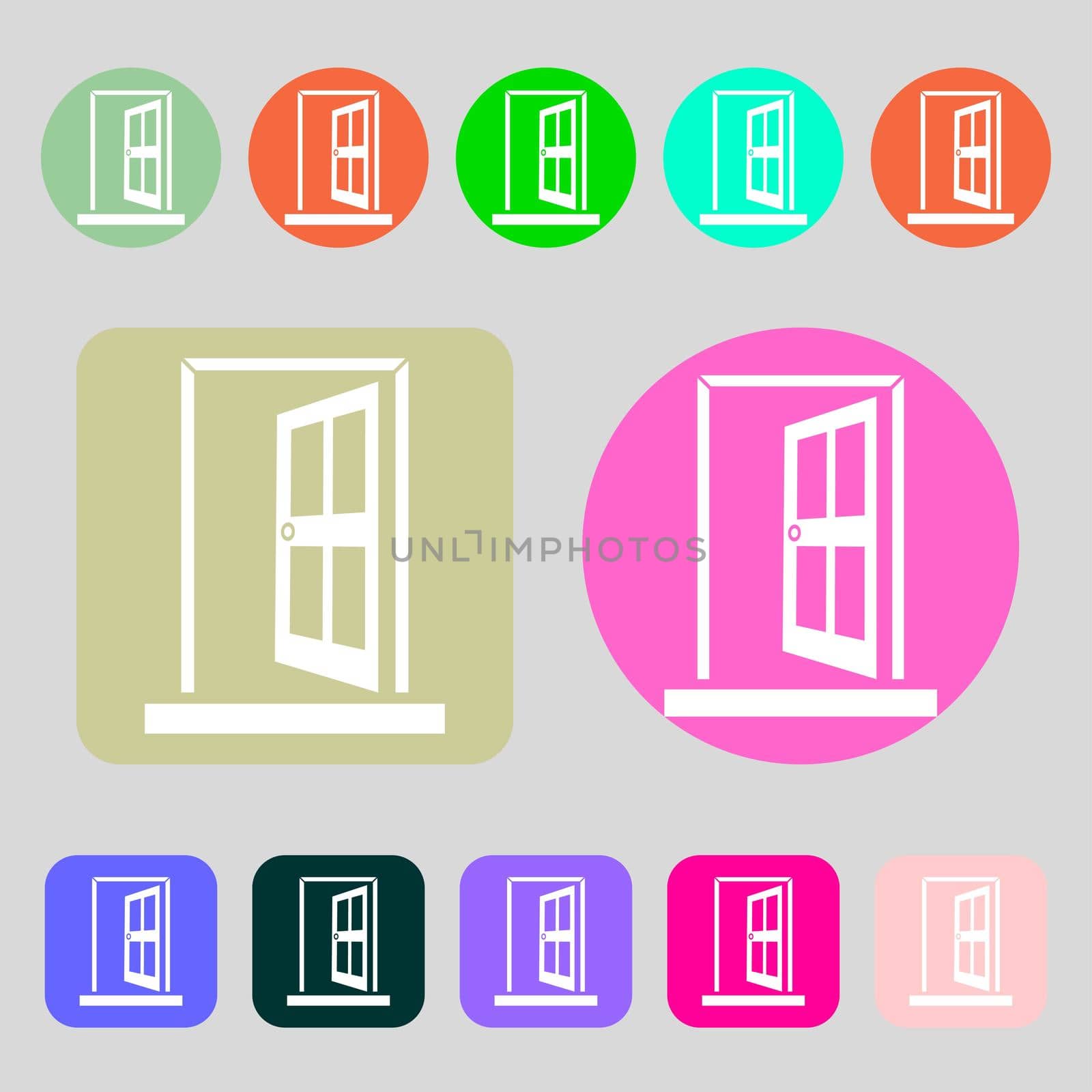 Door, Enter or exit icon sign. 12 colored buttons. Flat design.  by serhii_lohvyniuk
