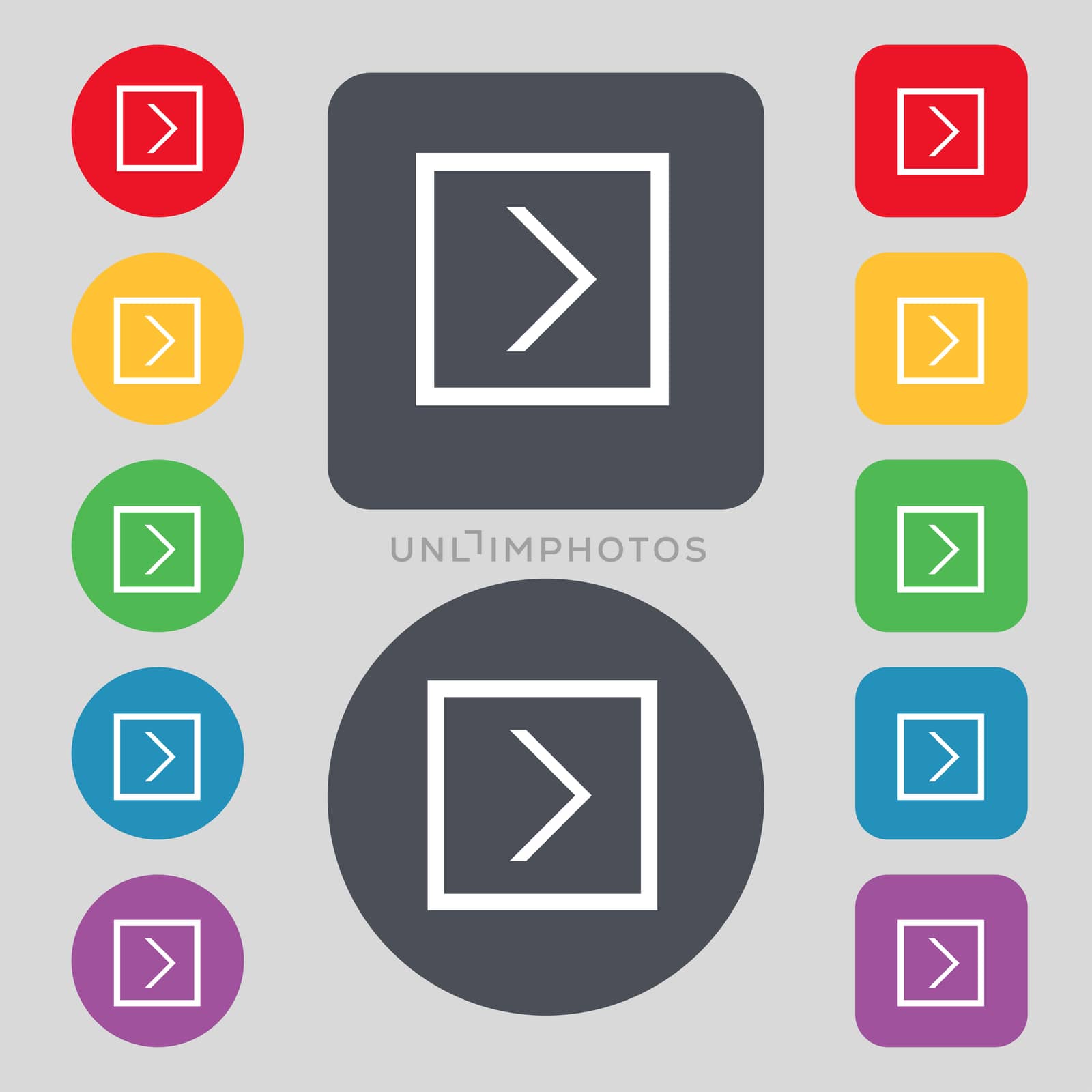 Arrow right, Next icon sign. A set of 12 colored buttons. Flat design.  by serhii_lohvyniuk