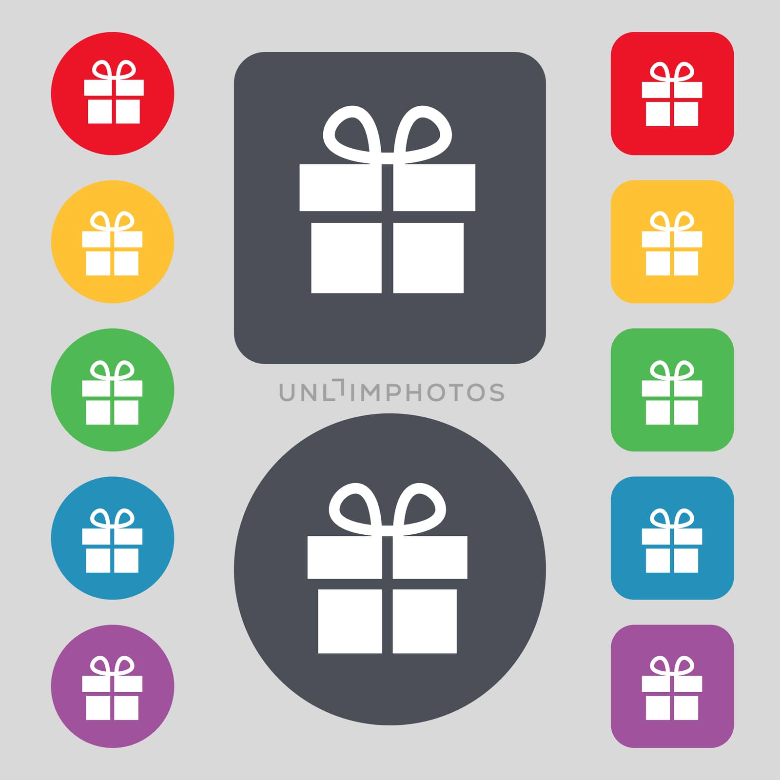 Gift box icon sign. A set of 12 colored buttons. Flat design. illustration