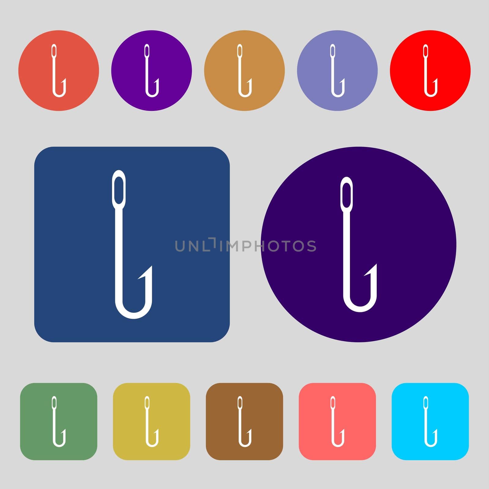 Fishing hook icon sign.12 colored buttons. Flat design. illustration