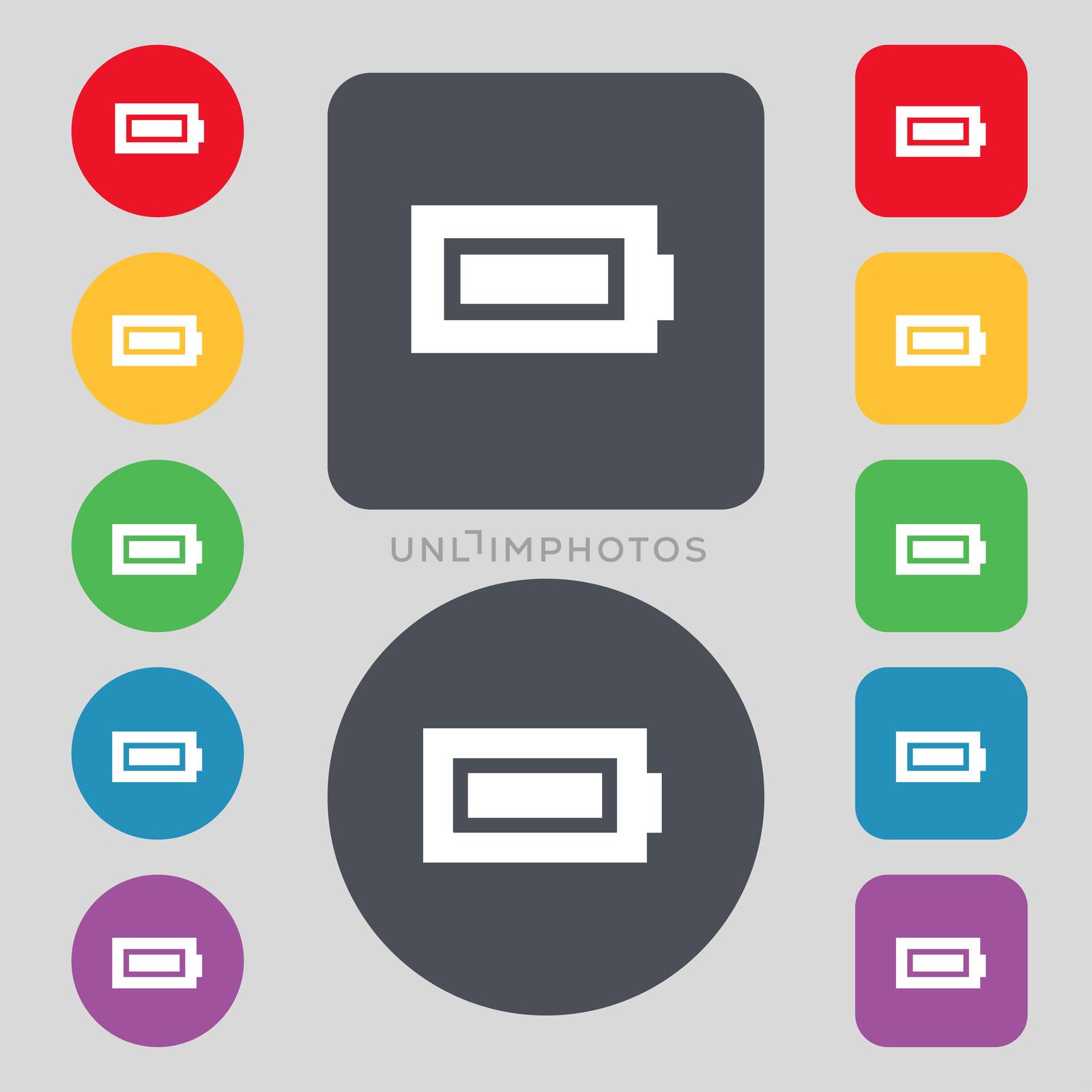Battery fully charged icon sign. A set of 12 colored buttons. Flat design. illustration