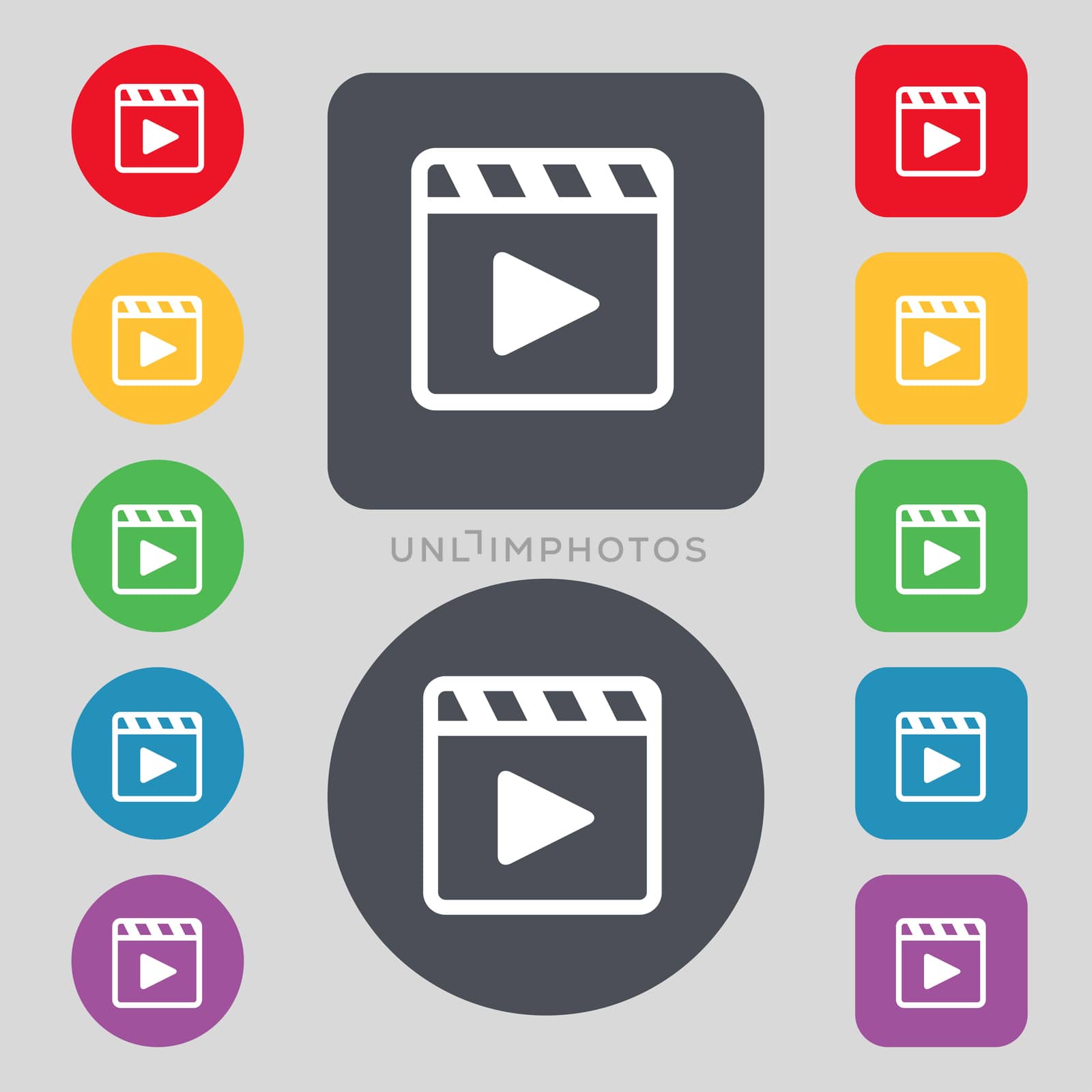 Play video icon sign. A set of 12 colored buttons. Flat design. illustration