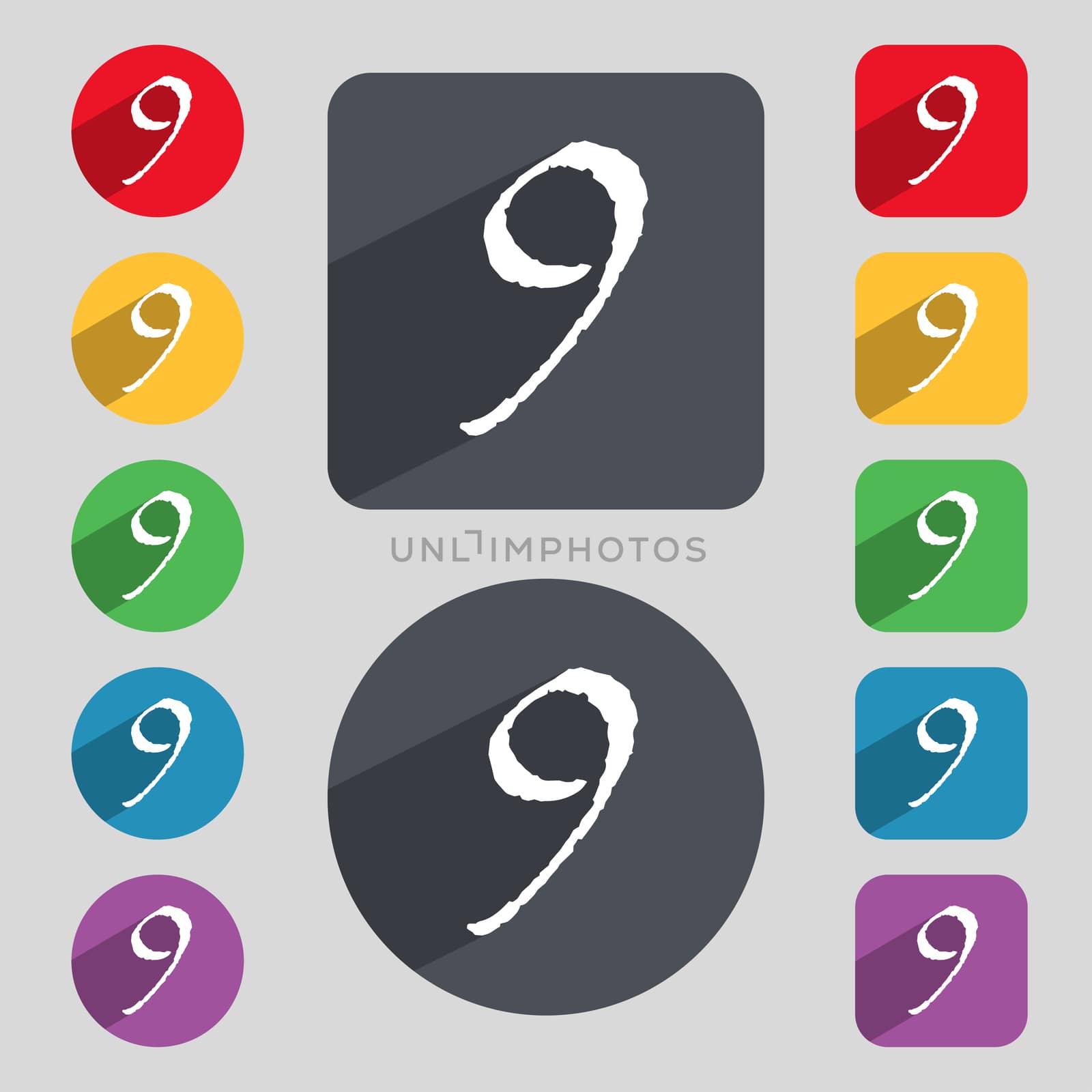 number Nine icon sign. Set of coloured buttons. illustration