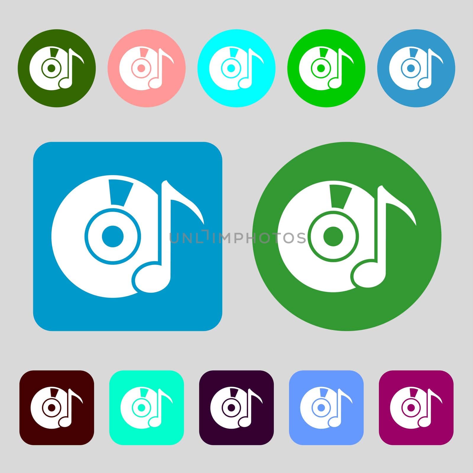 CD or DVD icon sign. 12 colored buttons. Flat design.  by serhii_lohvyniuk