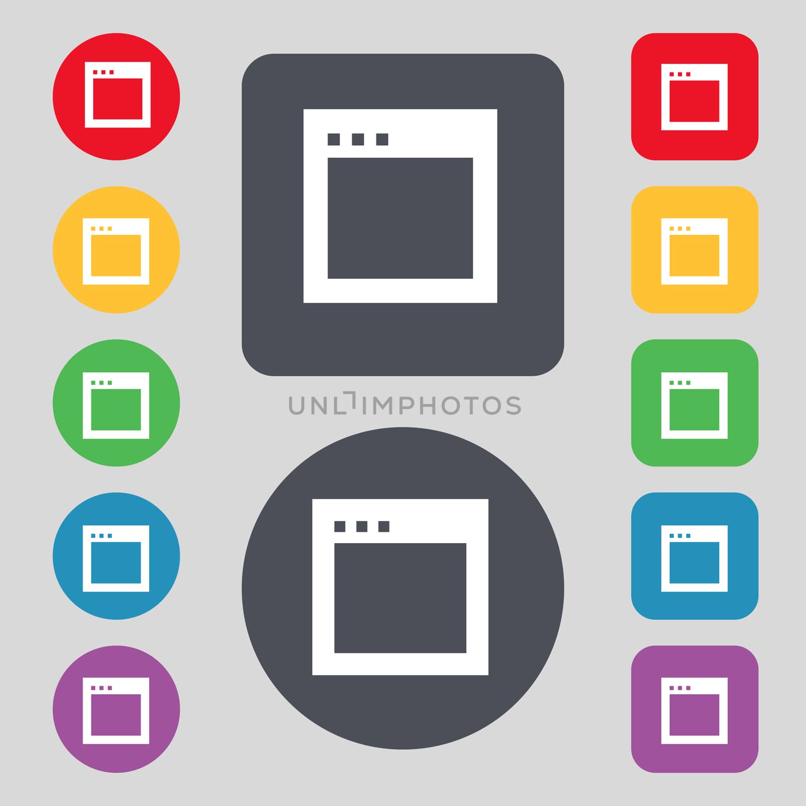 Simple Browser window icon sign. A set of 12 colored buttons. Flat design.  by serhii_lohvyniuk
