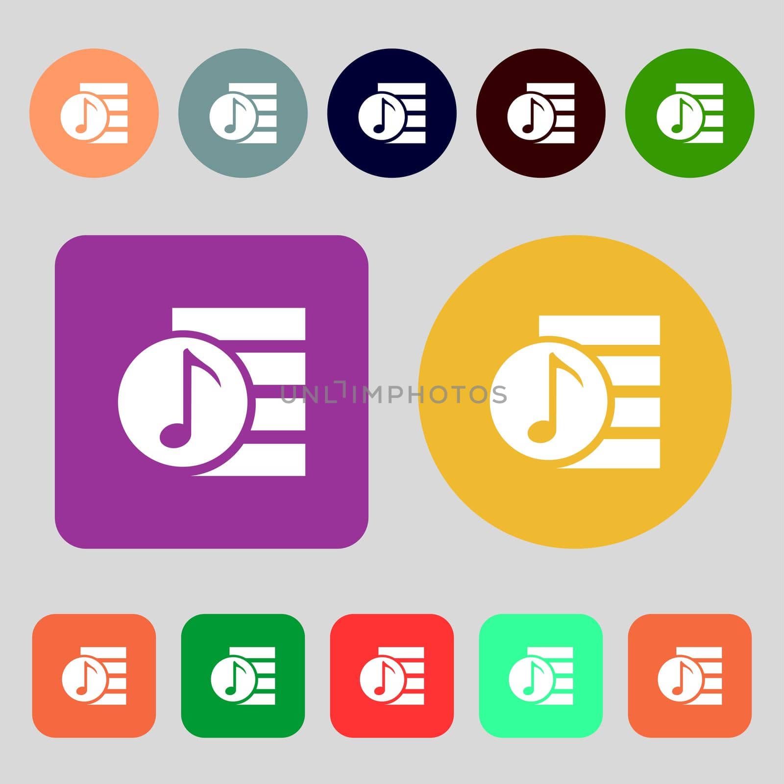 Audio, MP3 file icon sign.12 colored buttons. Flat design. illustration