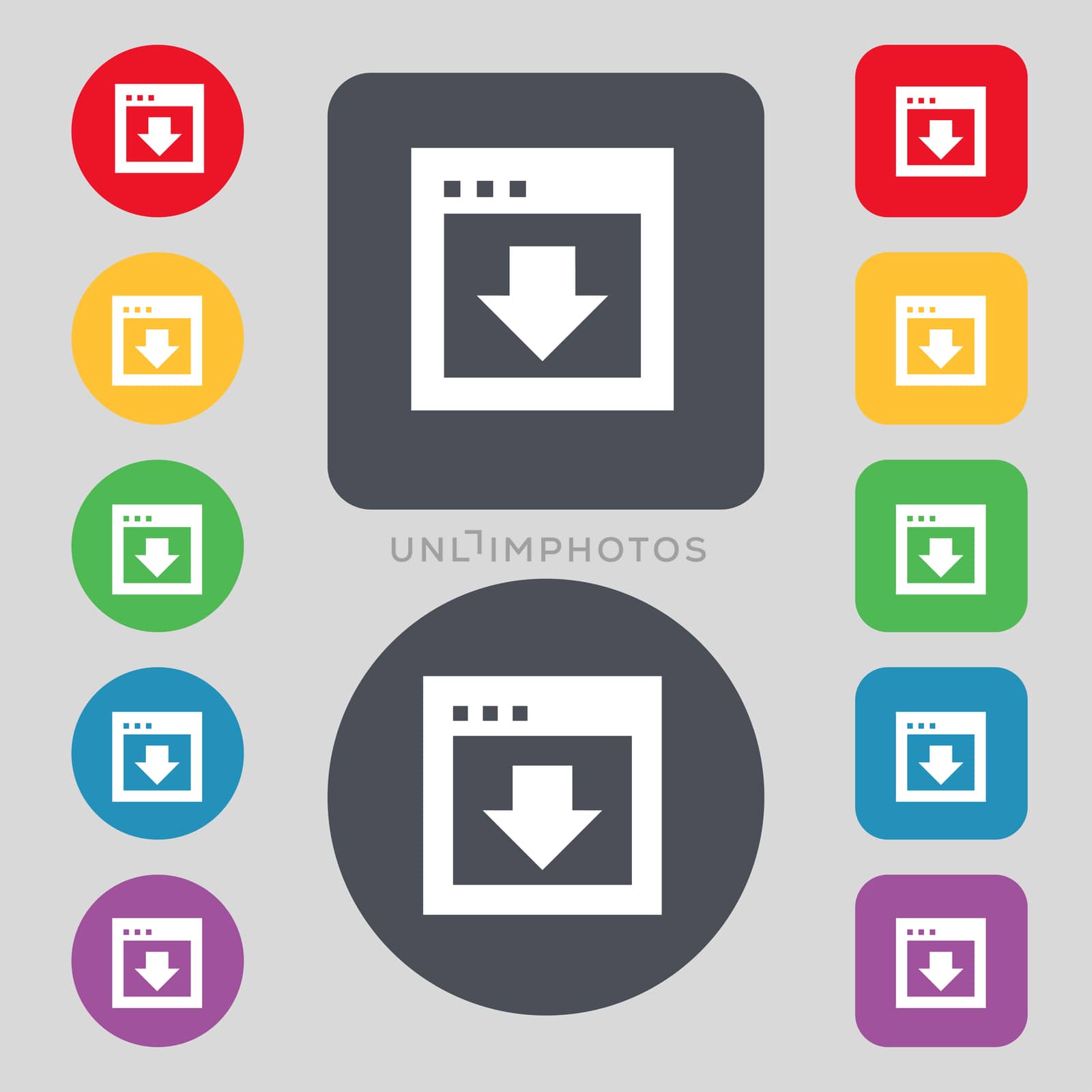 Arrow down, Download, Load, Backup icon sign. A set of 12 colored buttons. Flat design. illustration