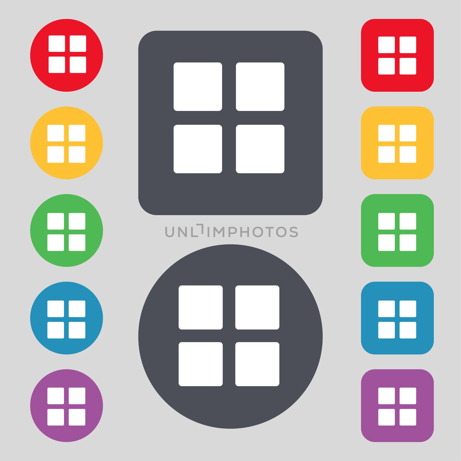 List menu, Content view options icon sign. A set of 12 colored buttons. Flat design. illustration