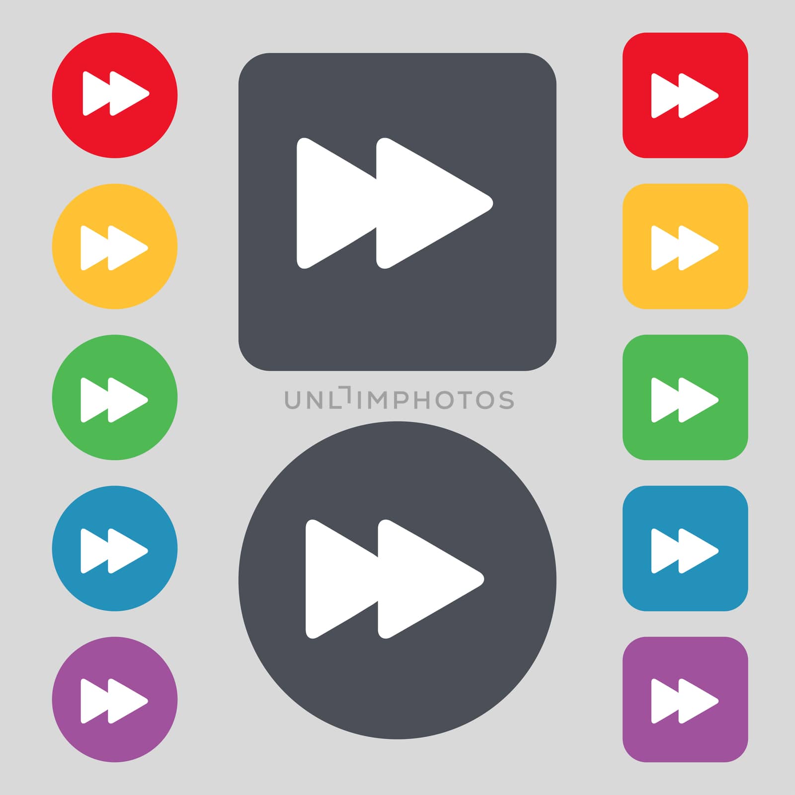 rewind icon sign. A set of 12 colored buttons. Flat design. illustration