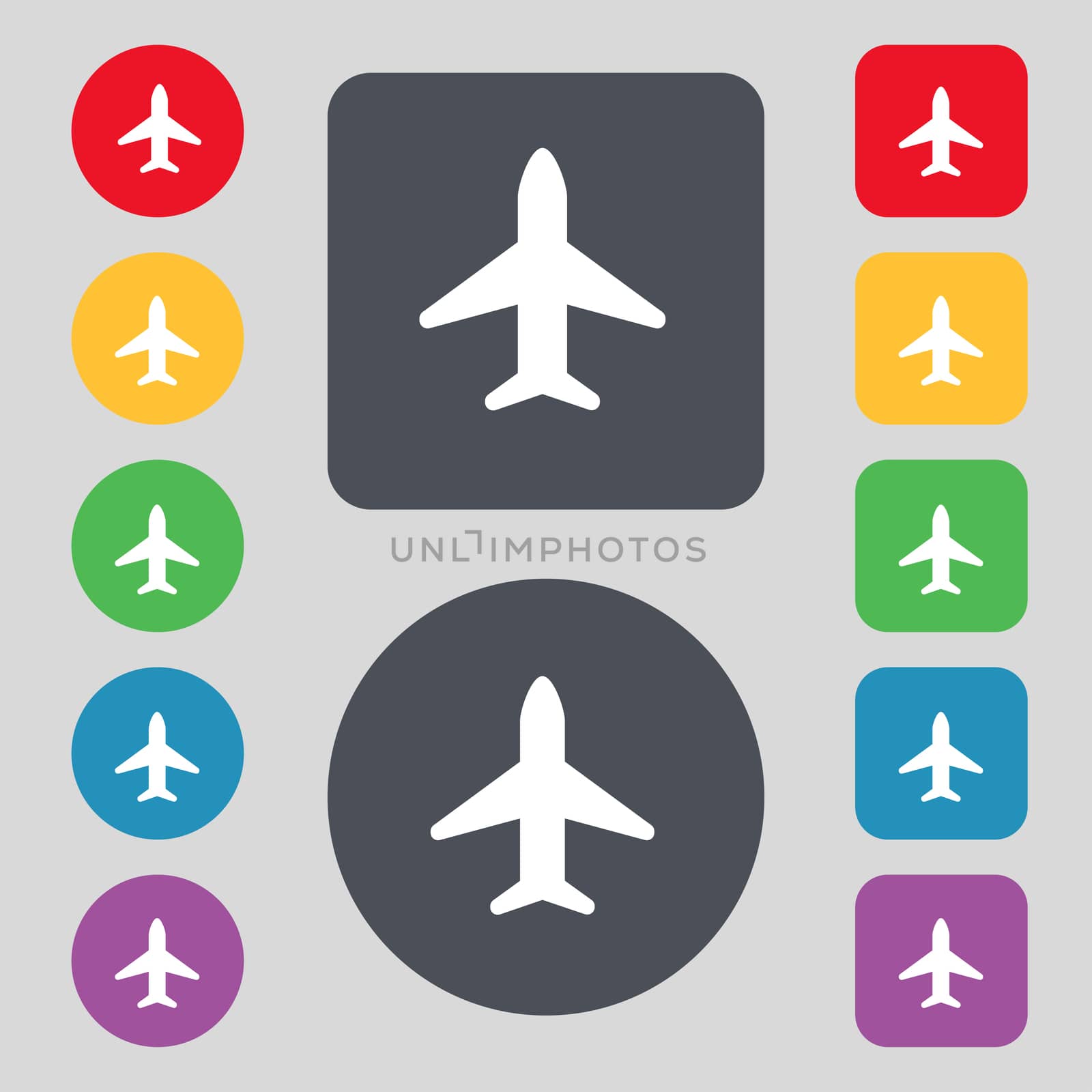 Airplane, Plane, Travel, Flight icon sign. A set of 12 colored buttons. Flat design. illustration