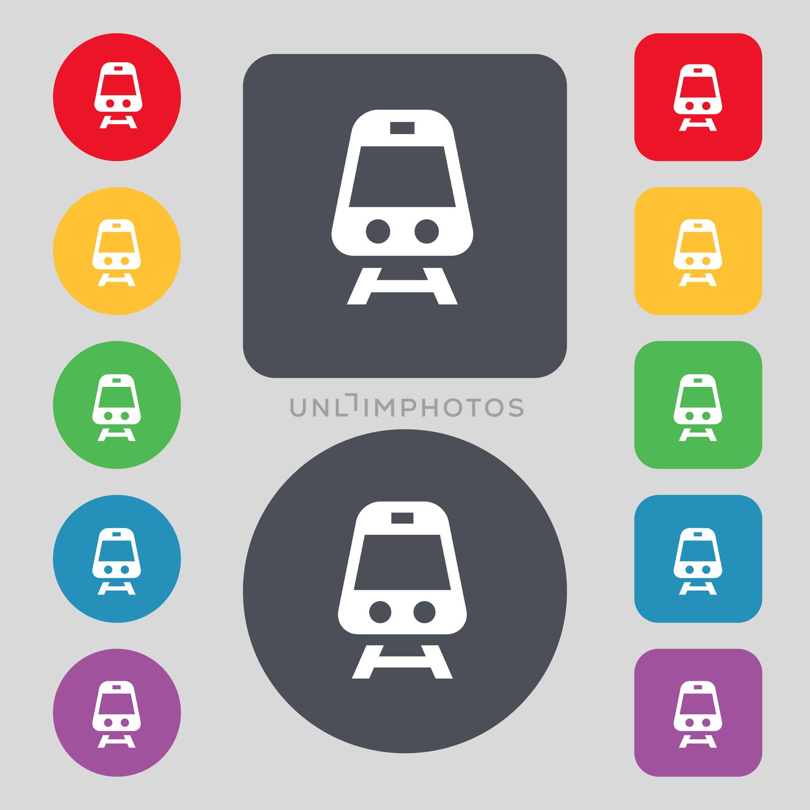 Train icon sign. A set of 12 colored buttons. Flat design. illustration