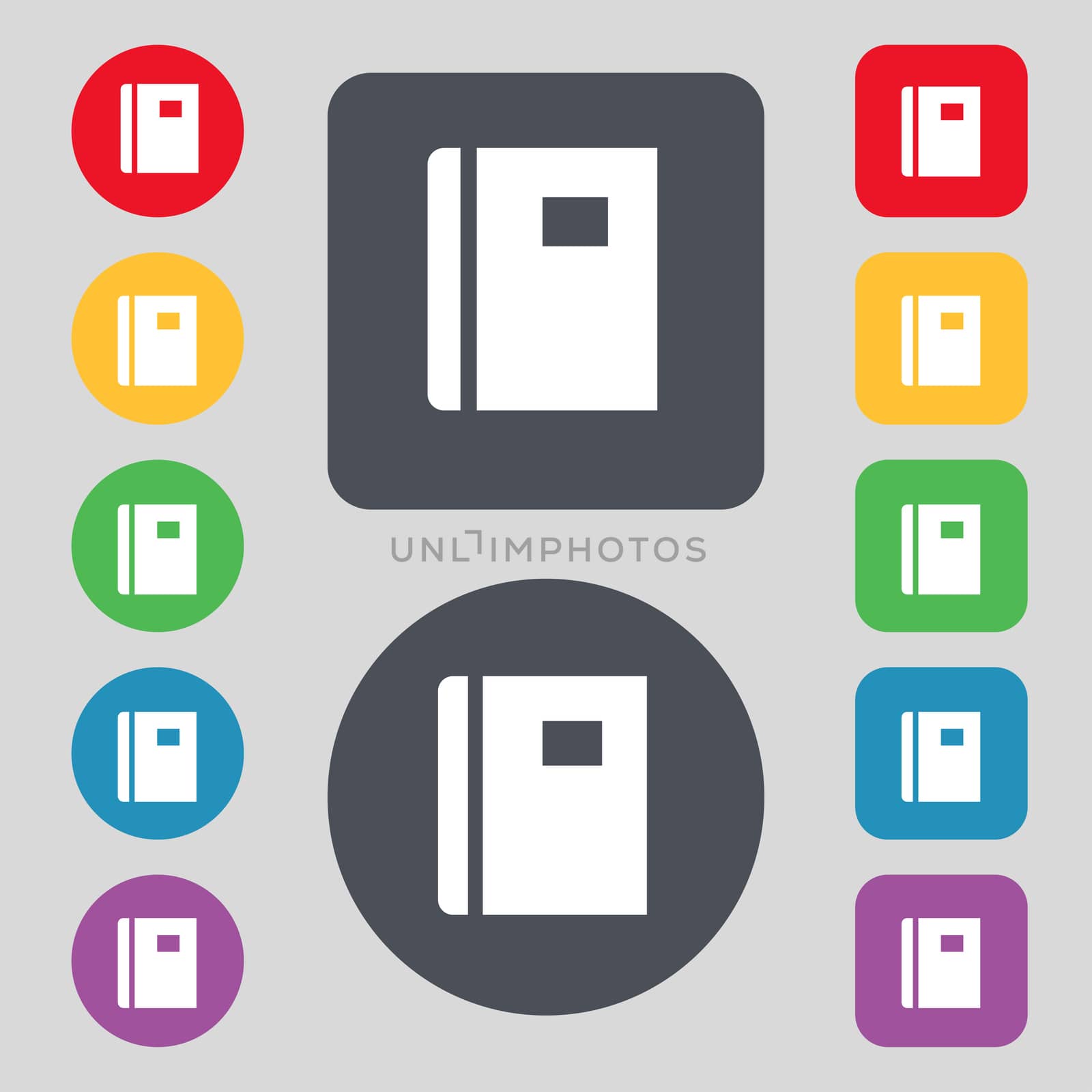 Book icon sign. A set of 12 colored buttons. Flat design.  by serhii_lohvyniuk