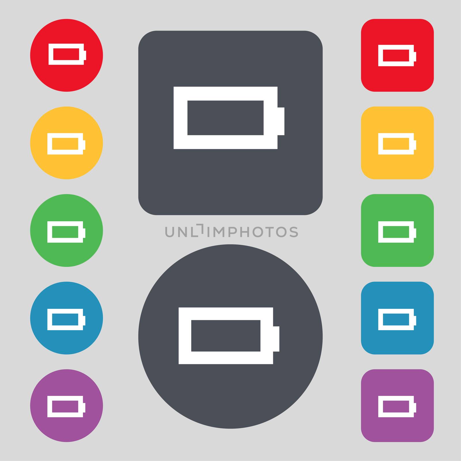 Battery empty icon sign. A set of 12 colored buttons. Flat design. illustration