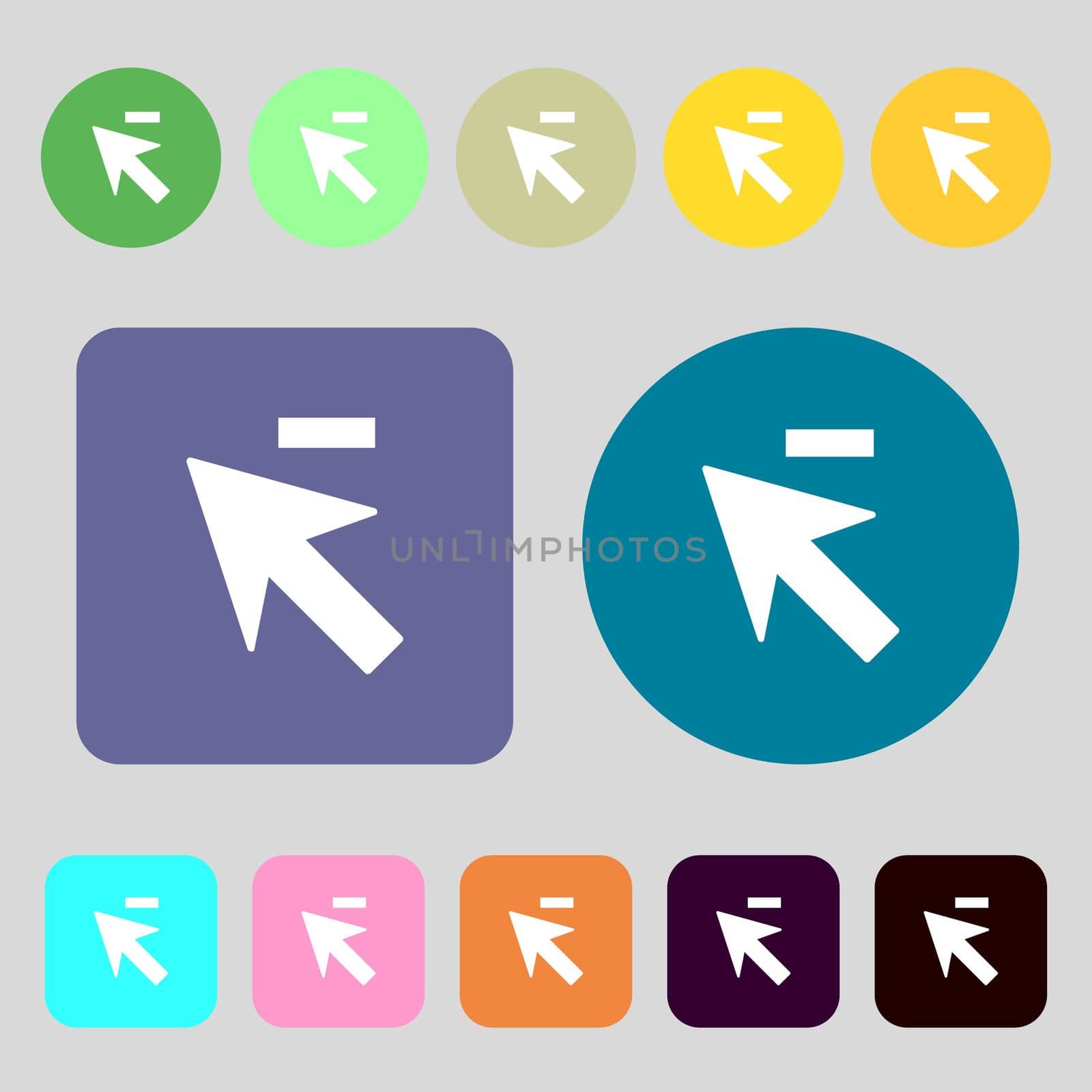 Cursor, arrow minus icon sign.12 colored buttons. Flat design. illustration