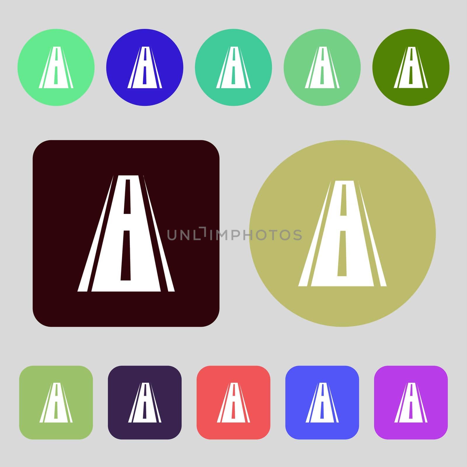 Road icon sign. 12 colored buttons. Flat design.  by serhii_lohvyniuk