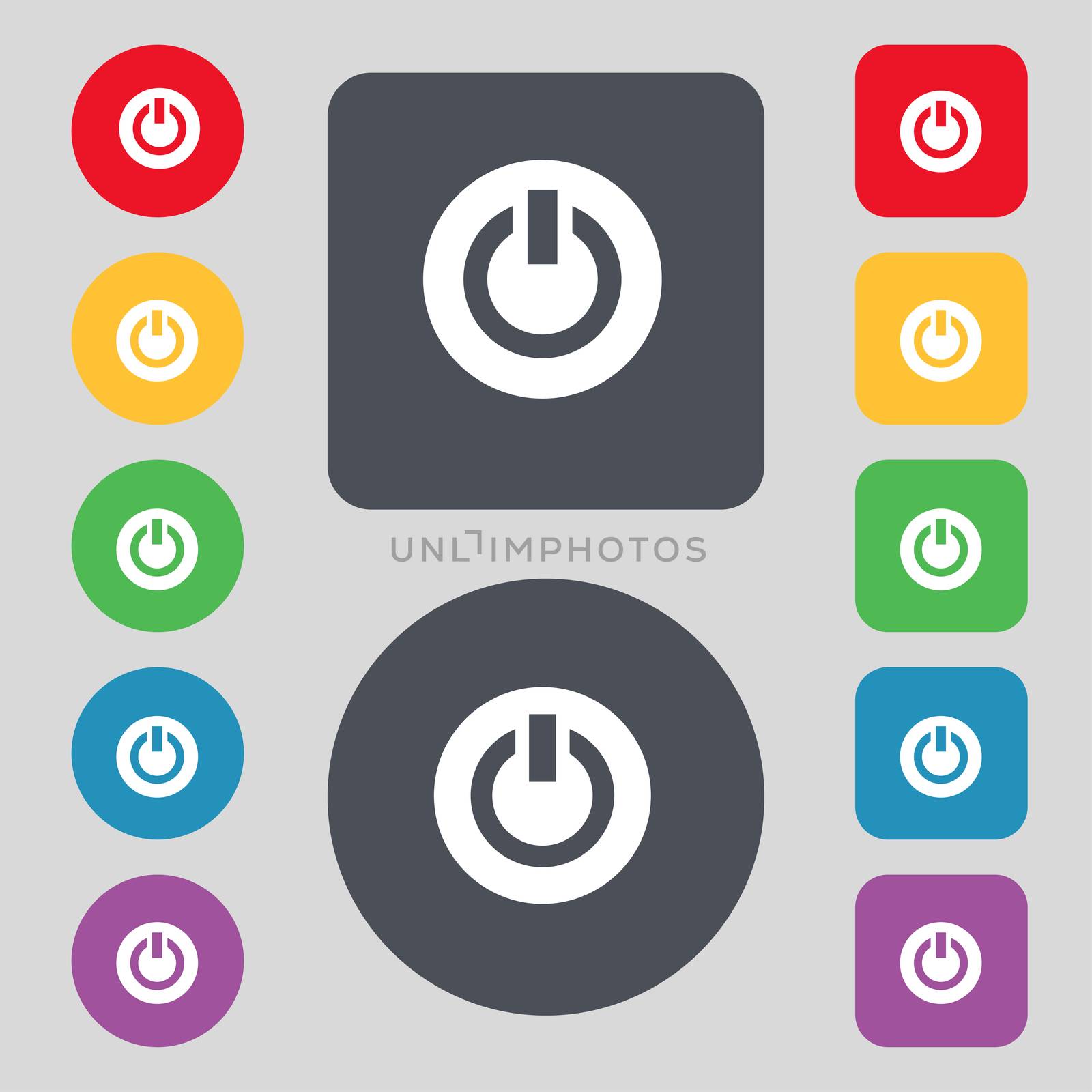 Power, Switch on, Turn on icon sign. A set of 12 colored buttons. Flat design. illustration