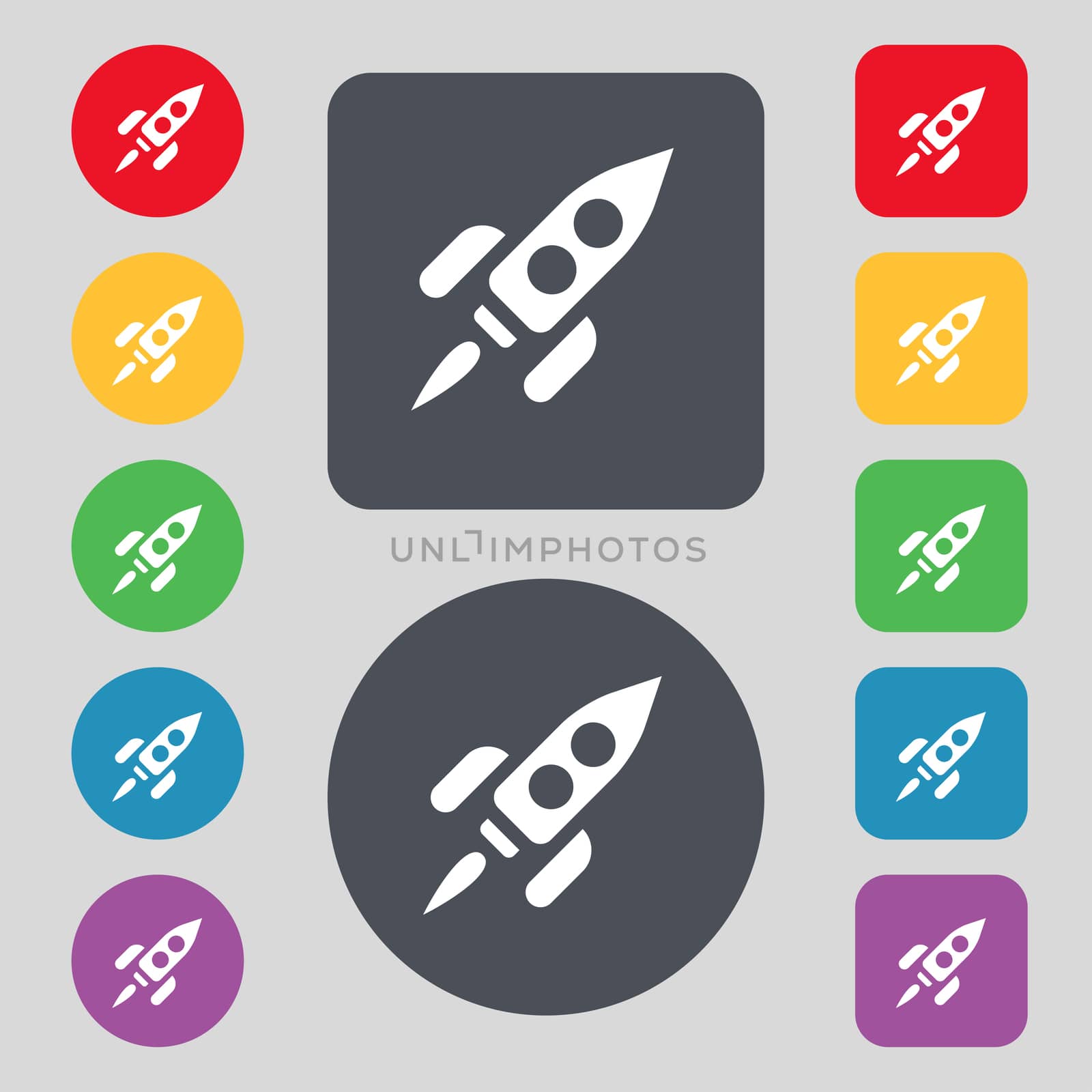Rocket icon sign. A set of 12 colored buttons. Flat design.  by serhii_lohvyniuk