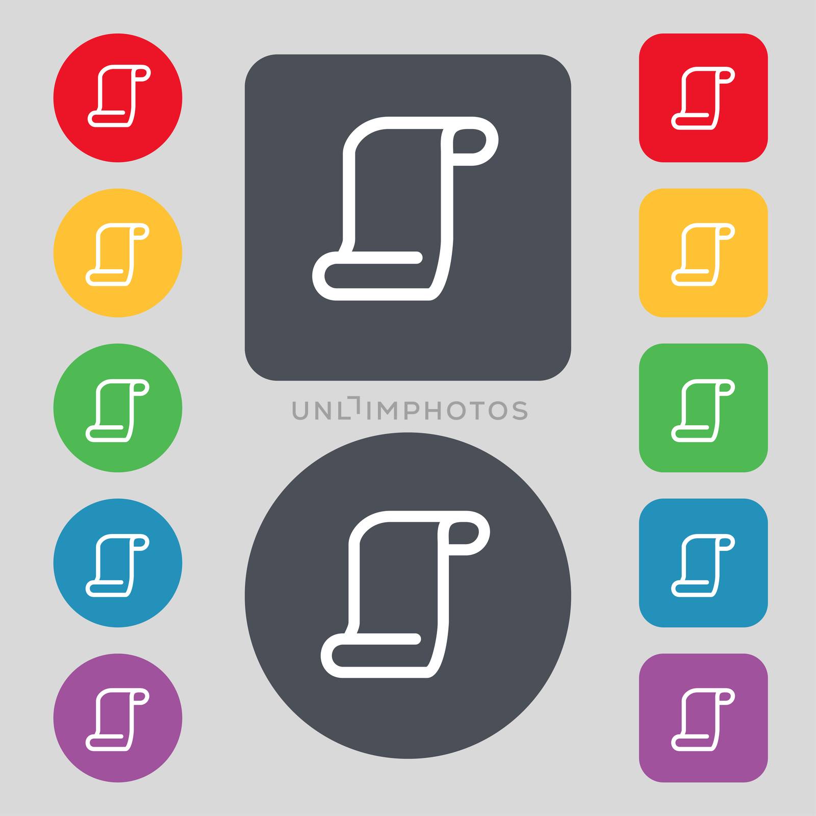 paper scroll icon sign. A set of 12 colored buttons. Flat design. illustration