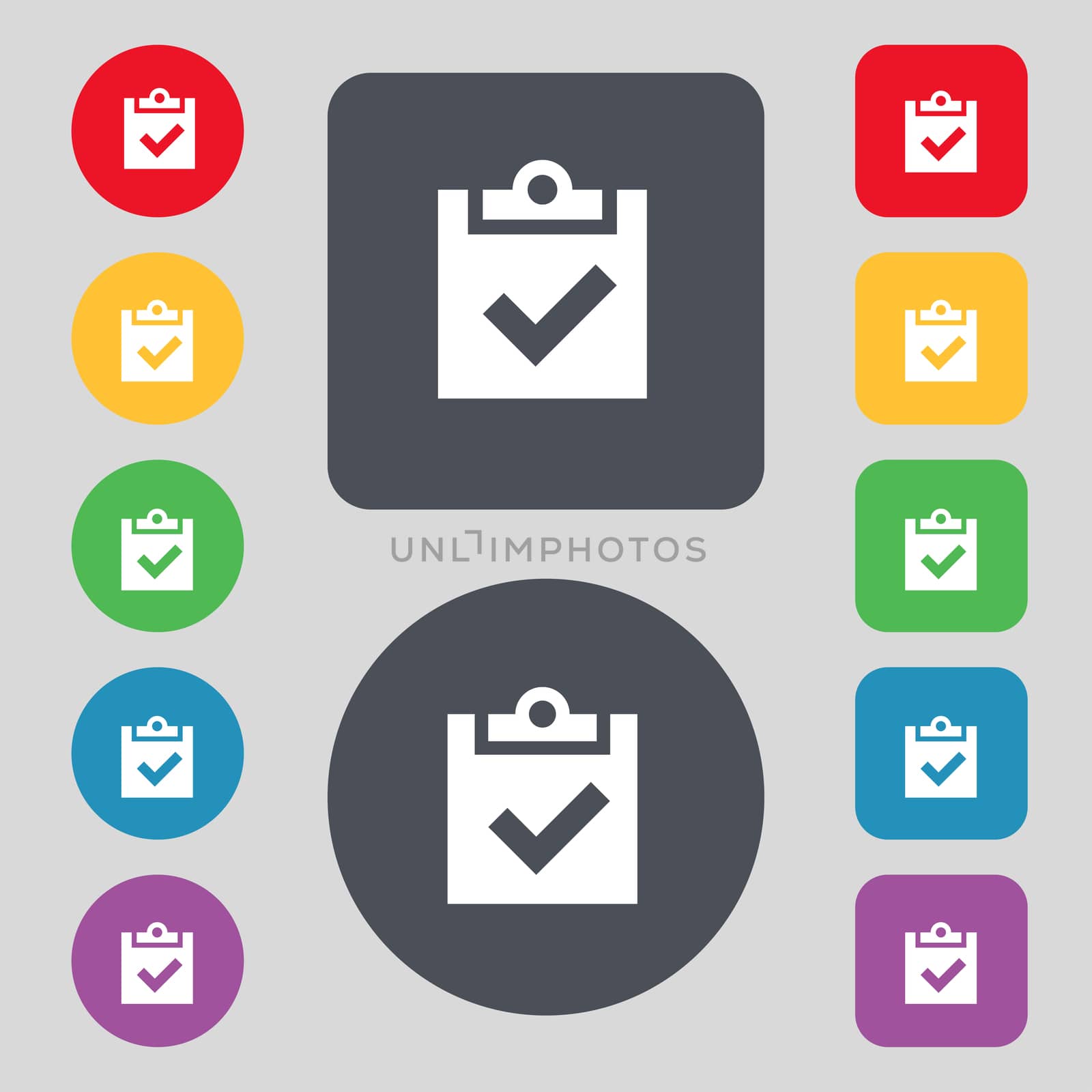Check mark, tik icon sign. A set of 12 colored buttons. Flat design. illustration