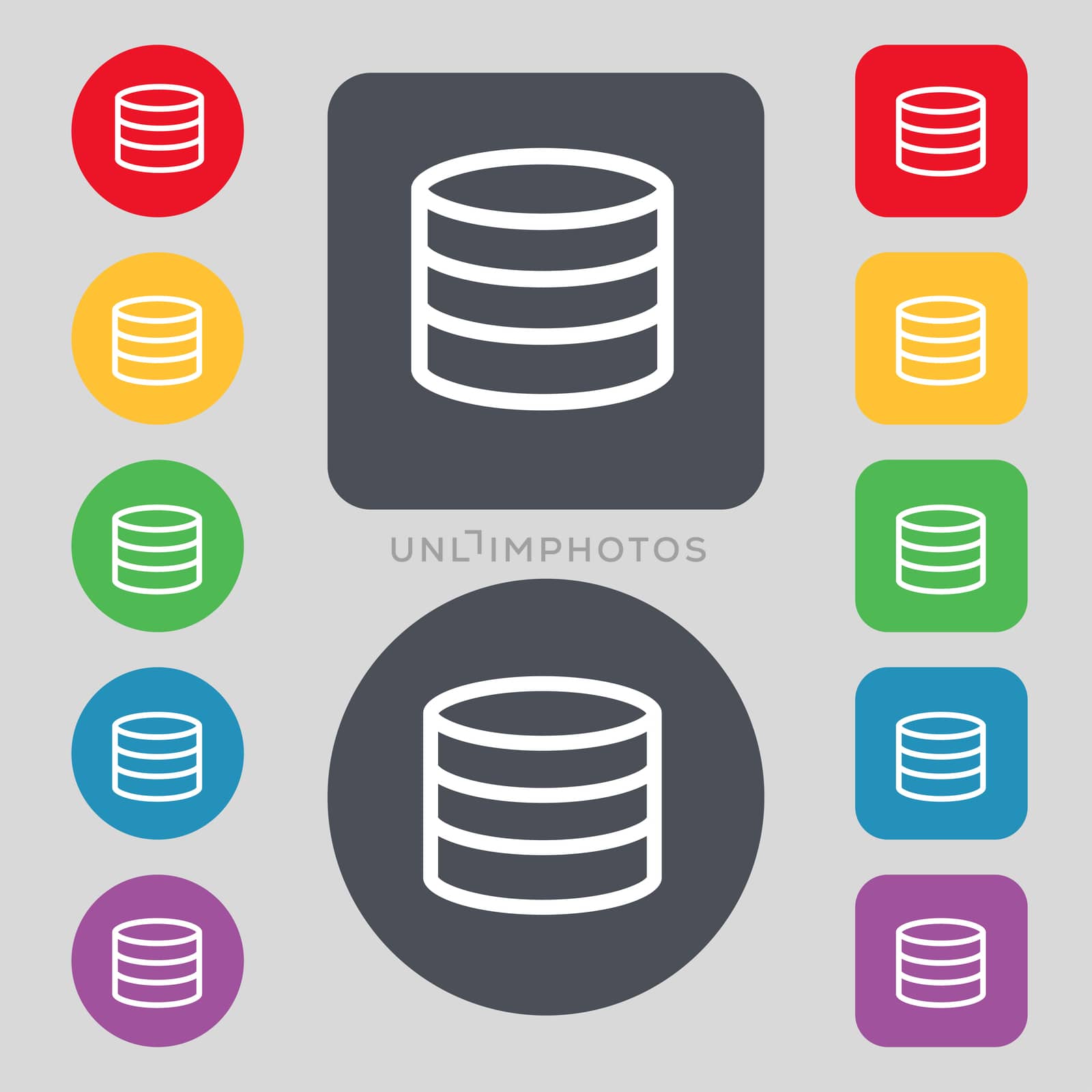 Hard disk and database icon sign. A set of 12 colored buttons. Flat design.  by serhii_lohvyniuk