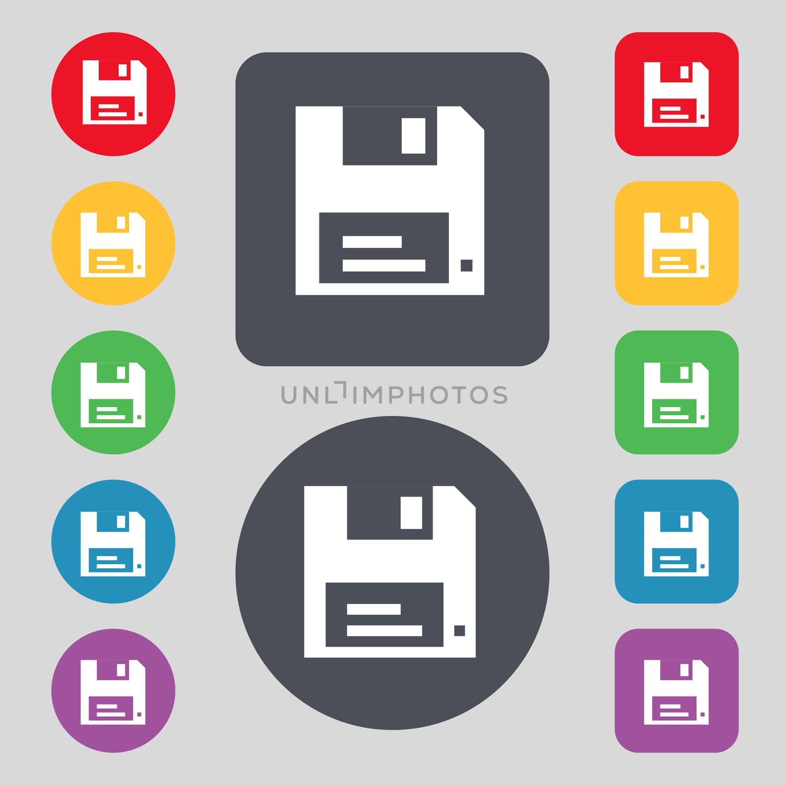 floppy icon sign. A set of 12 colored buttons. Flat design.  by serhii_lohvyniuk