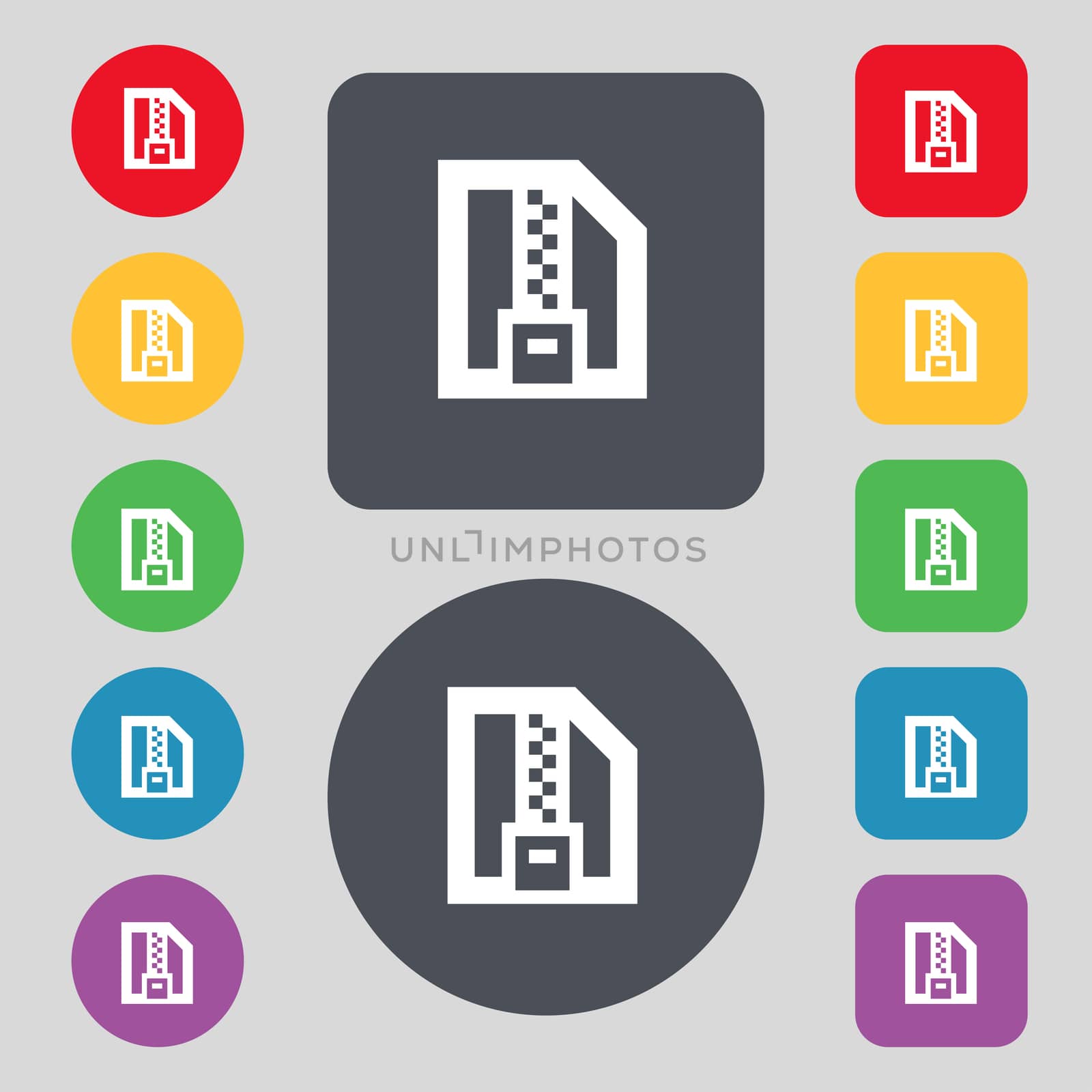 Archive file, Download compressed, ZIP zipped icon sign. A set of 12 colored buttons. Flat design. illustration