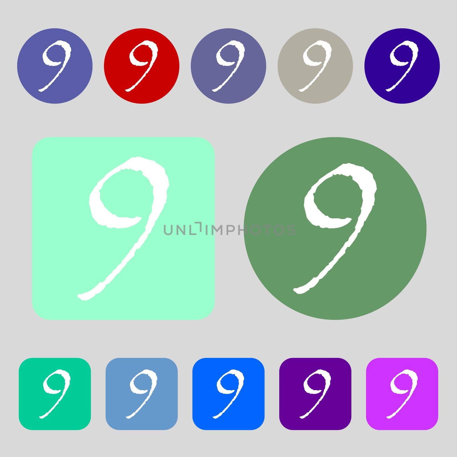 number Nine icon sign.12 colored buttons. Flat design. illustration