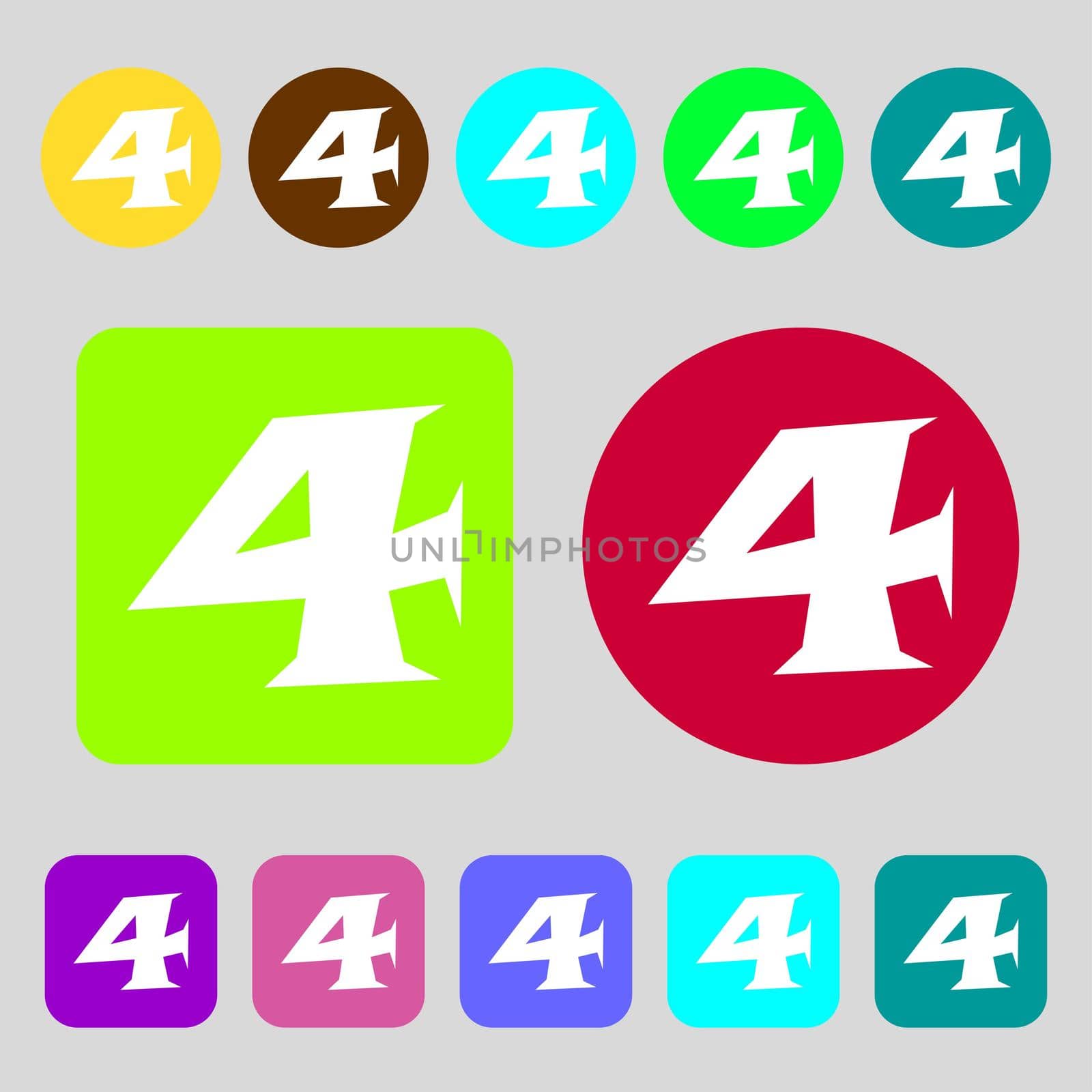 number four icon sign.12 colored buttons. Flat design. illustration