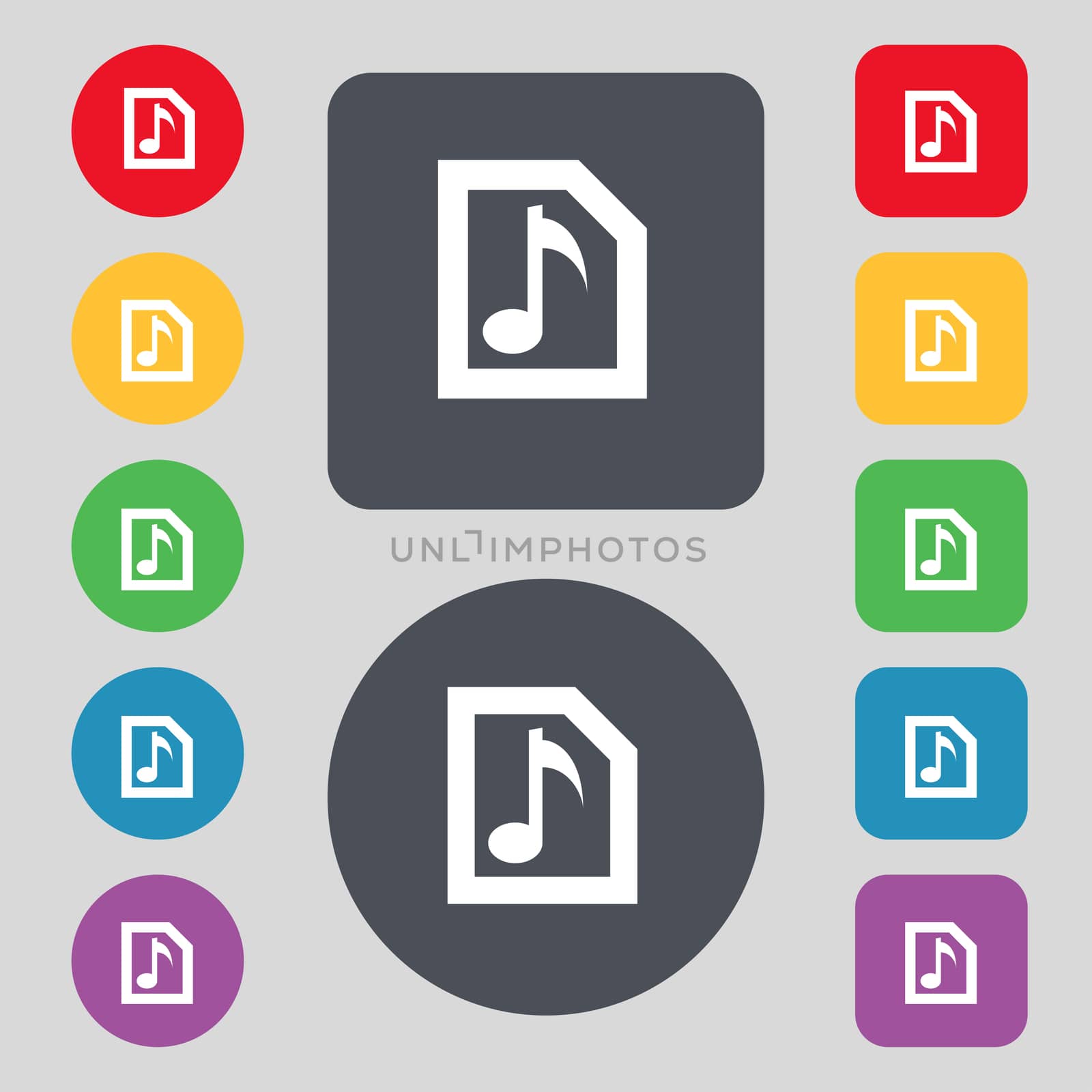 Audio, MP3 file icon sign. A set of 12 colored buttons. Flat design. illustration