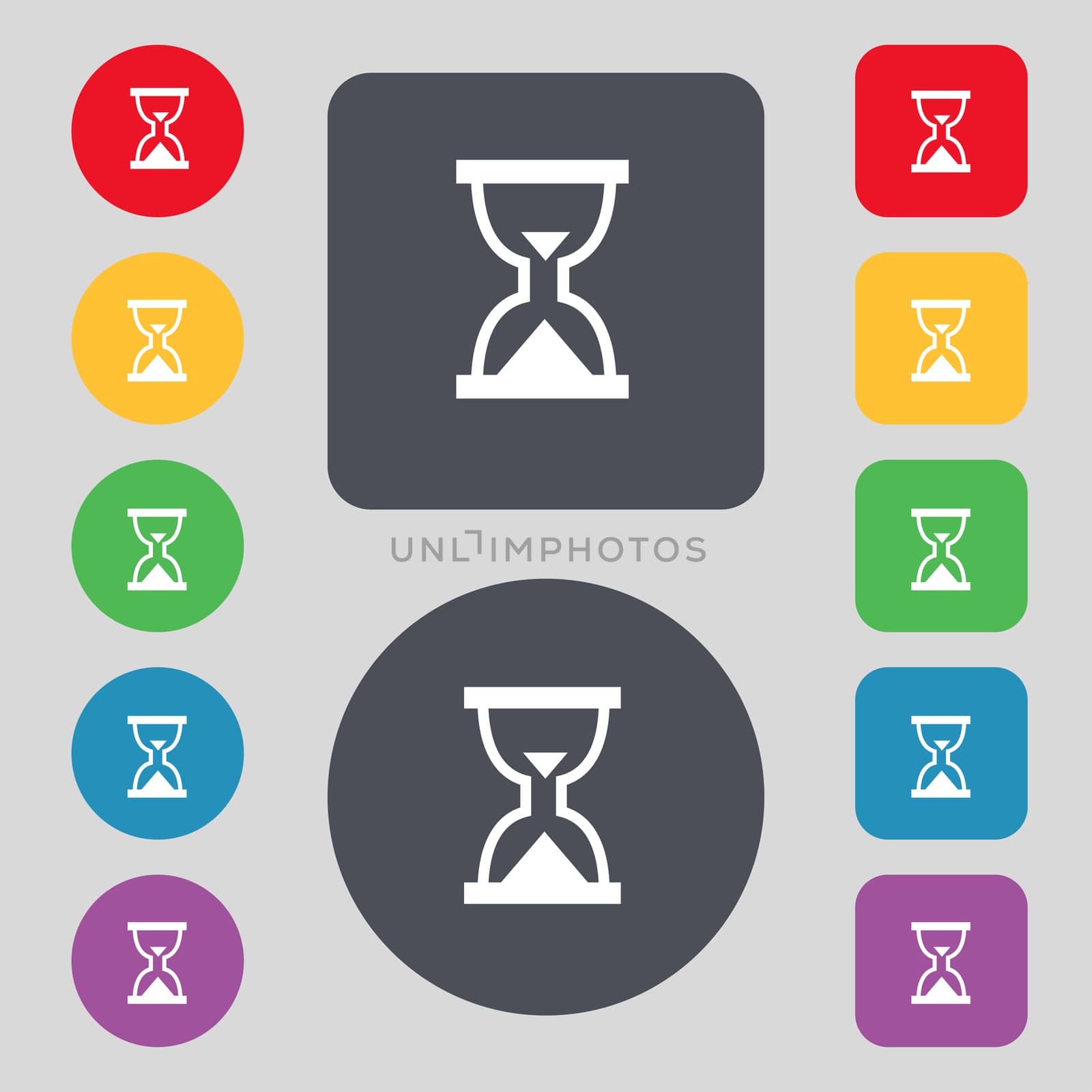Hourglass, Sand timer icon sign. A set of 12 colored buttons. Flat design. illustration