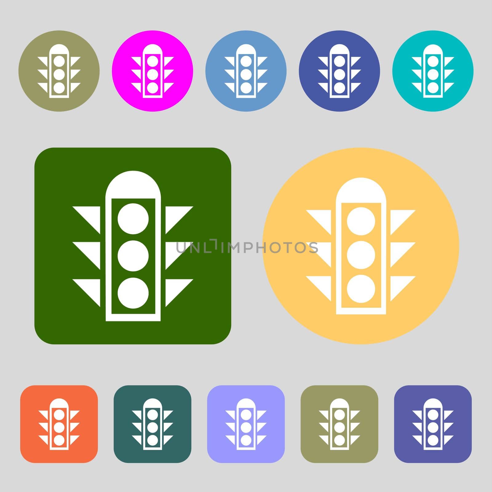 Traffic light signal icon sign.12 colored buttons. Flat design. illustration