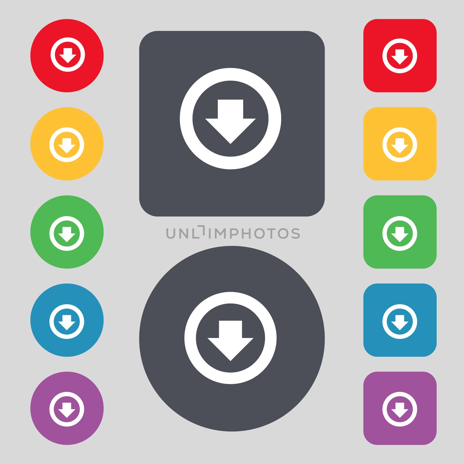 Arrow down, Download, Load, Backup icon sign. A set of 12 colored buttons. Flat design.  by serhii_lohvyniuk