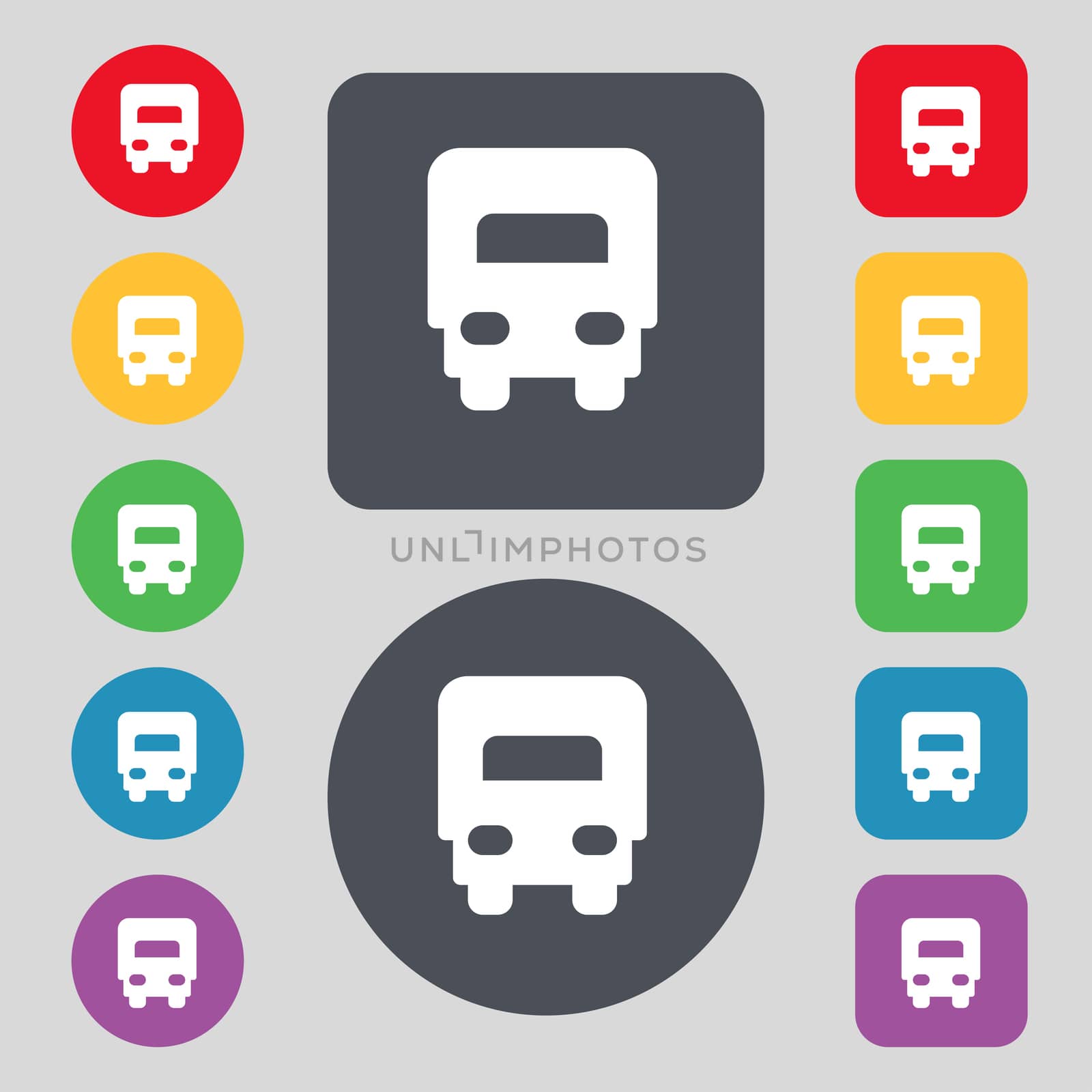 Delivery truck icon sign. A set of 12 colored buttons. Flat design. illustration