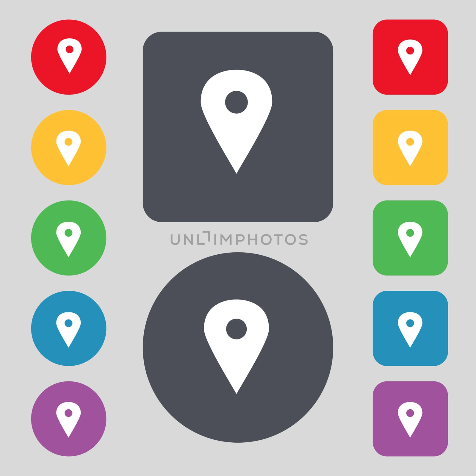 Map pointer, GPS location icon sign. A set of 12 colored buttons. Flat design. illustration