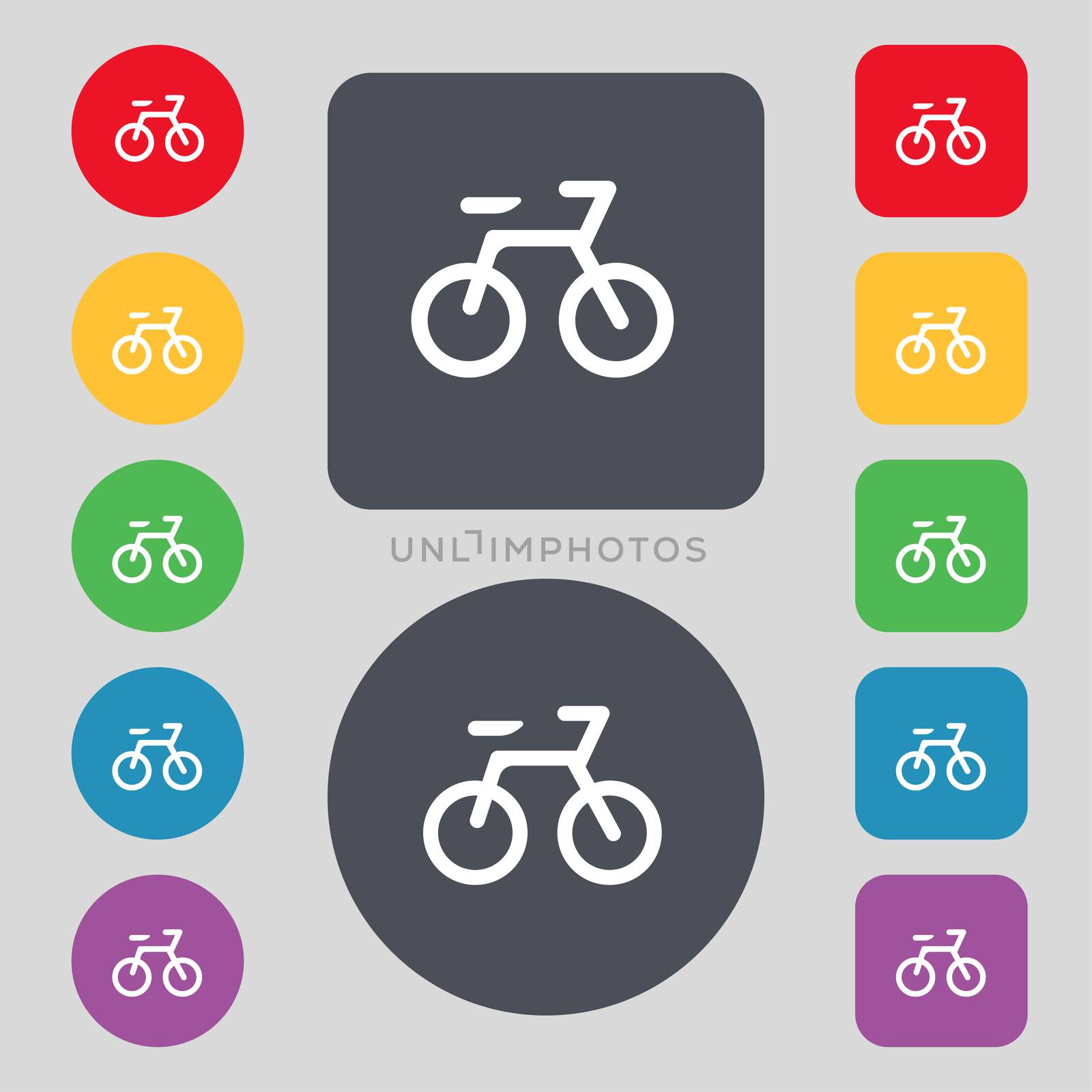 Bicycle icon sign. A set of 12 colored buttons. Flat design.  by serhii_lohvyniuk