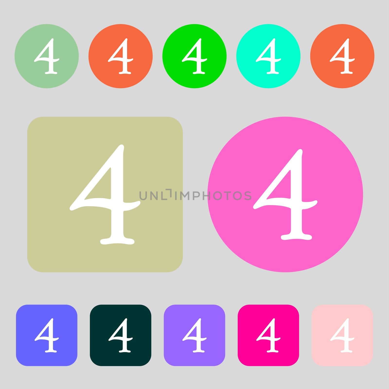 number four icon sign.12 colored buttons. Flat design. illustration