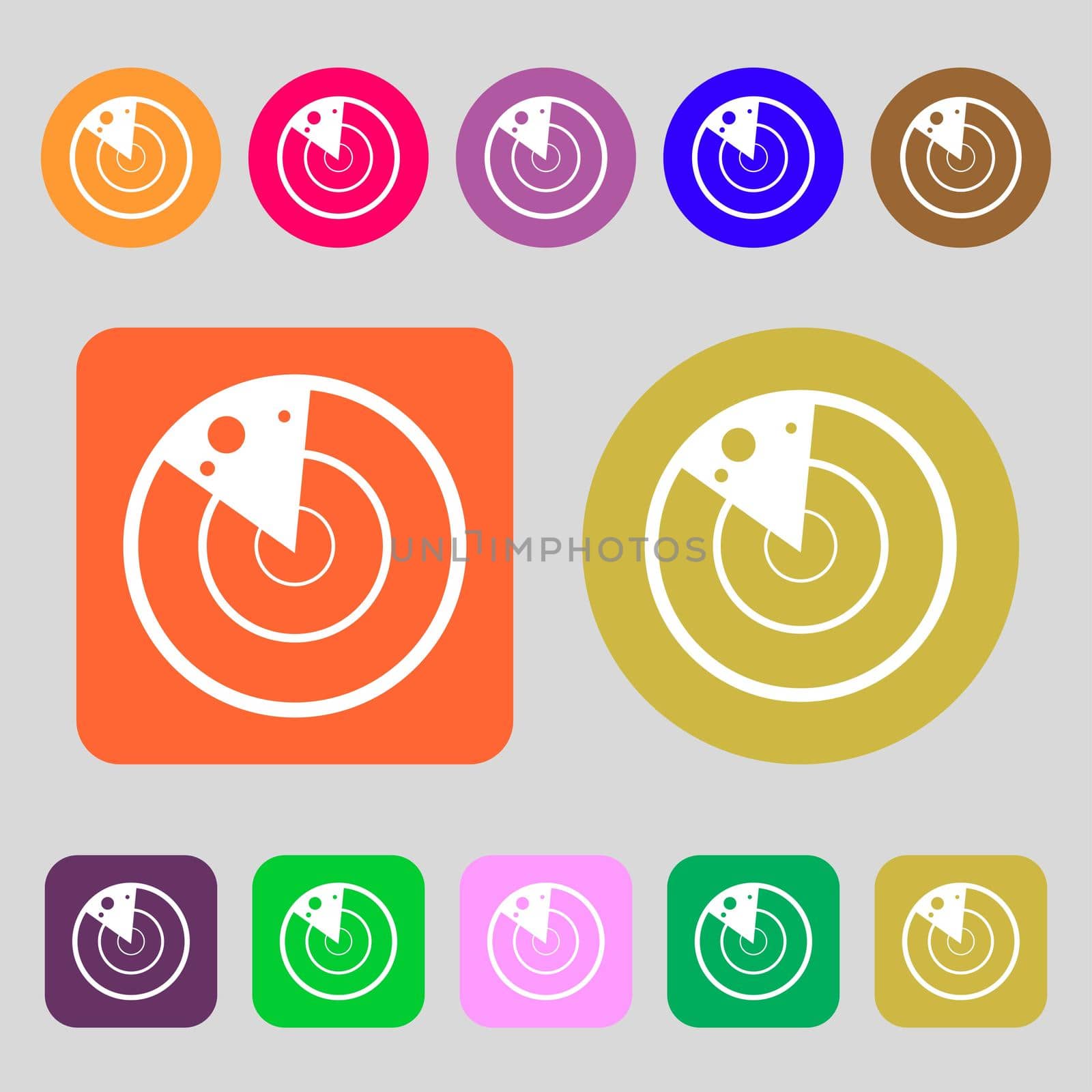 radar icon sign.12 colored buttons. Flat design. illustration