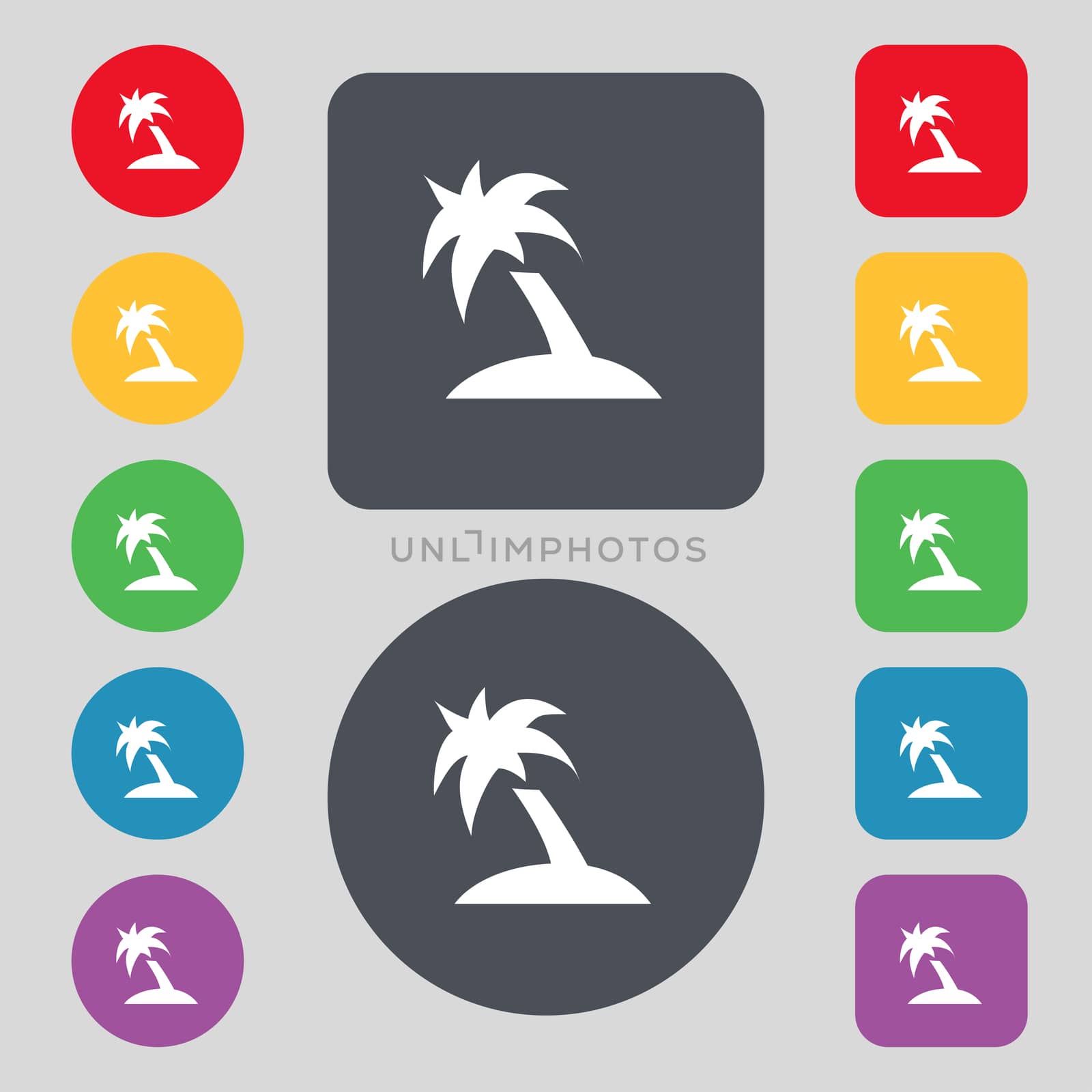 Palm Tree, Travel trip icon sign. A set of 12 colored buttons. Flat design.  by serhii_lohvyniuk