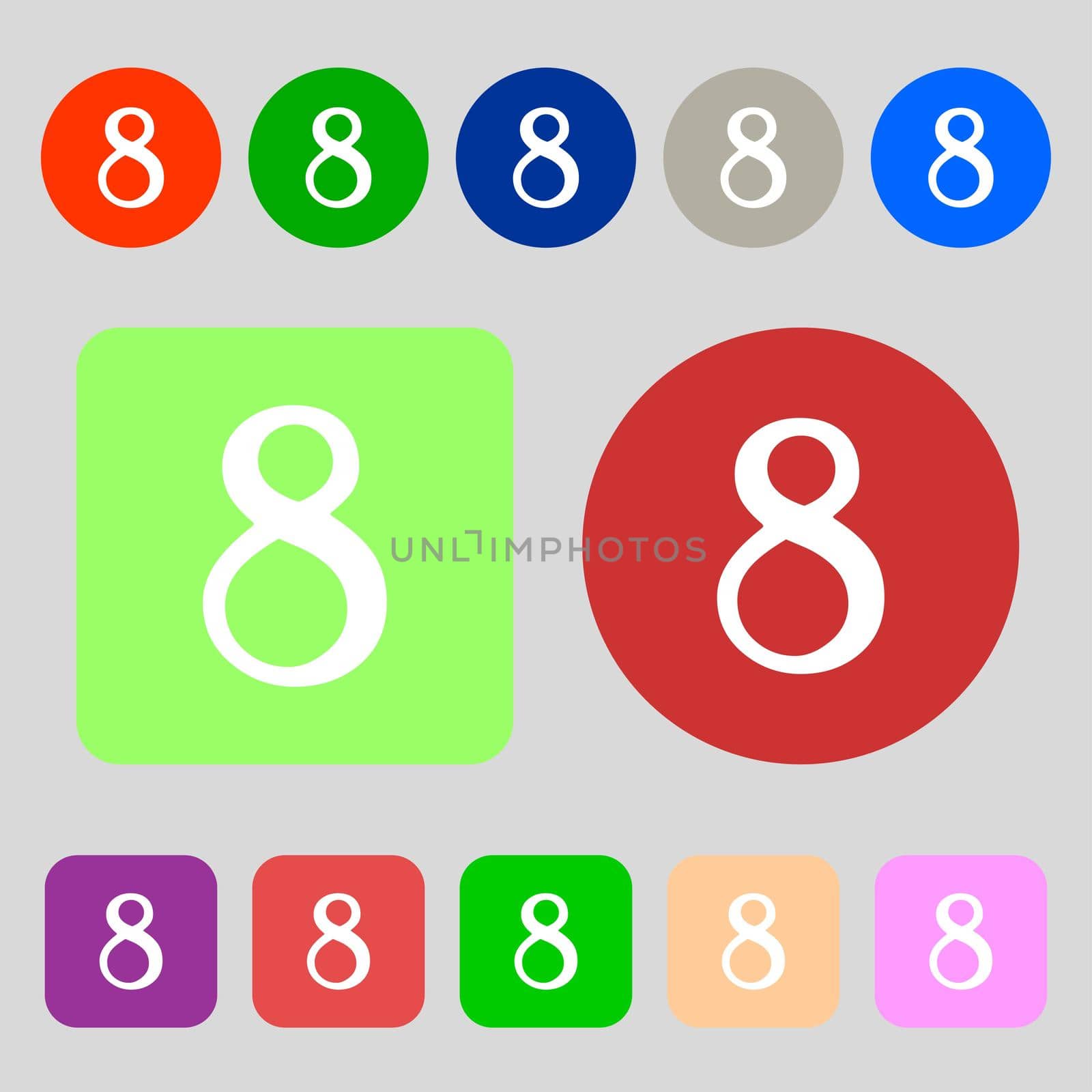 number Eight icon sign.12 colored buttons. Flat design. illustration