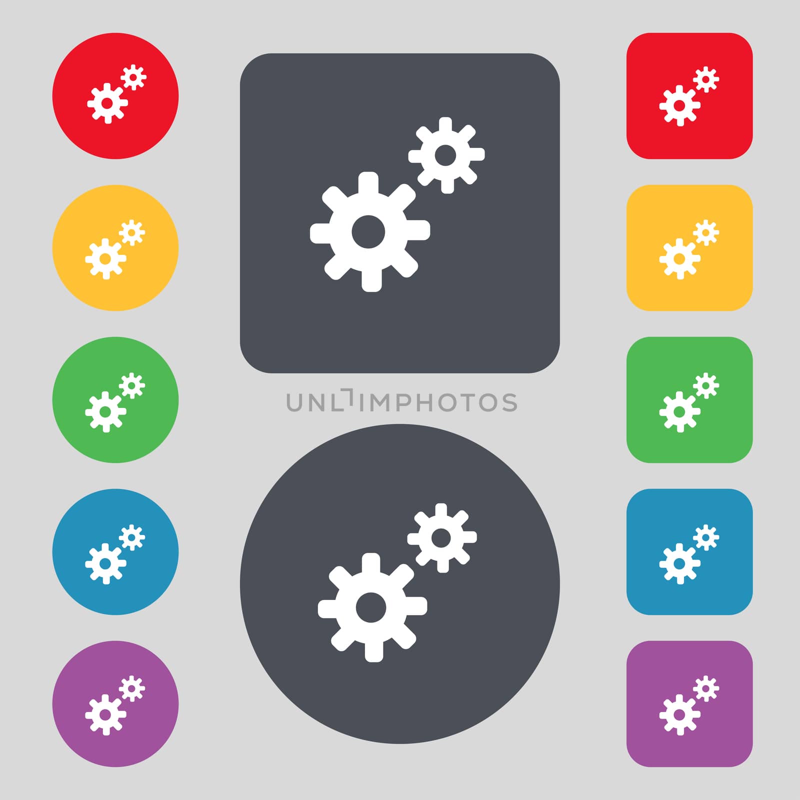 Cog settings, Cogwheel gear mechanism icon sign. A set of 12 colored buttons. Flat design. illustration